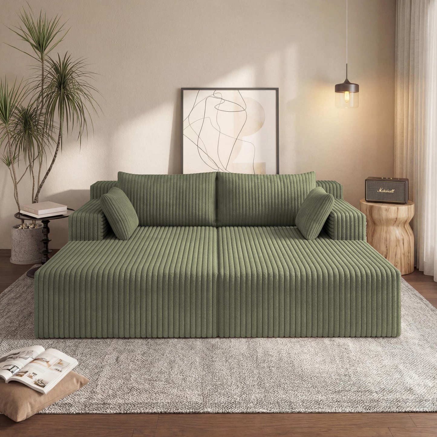 71-Inch Fluffy Corduroy Boneless Sleeper Daybed Loveseat Double Recliner Chaise Lounge Sofa Couches, Floor Cloud Sofa Chaise W/4 Pillows for Home Apartment Living Room