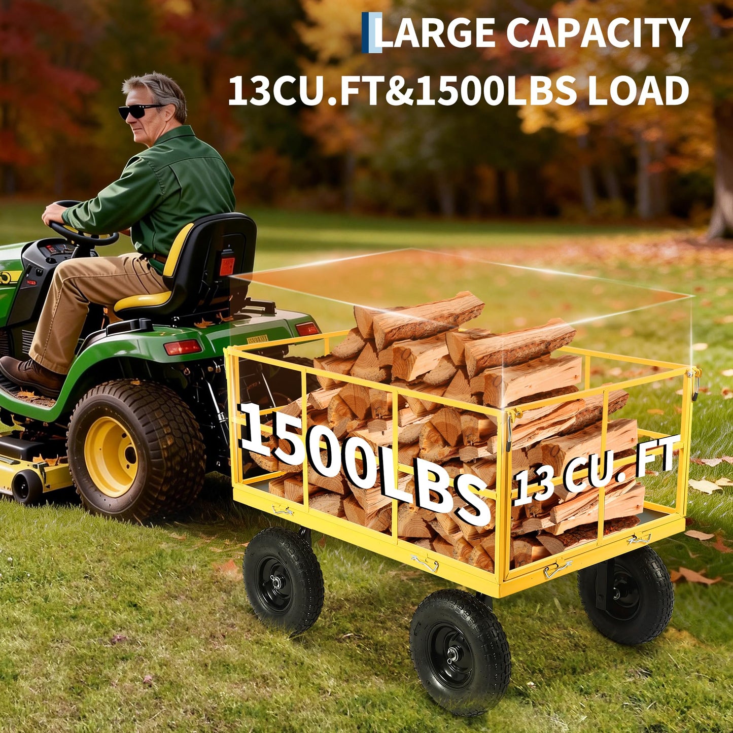1500 lbs Steel Garden Cart, Folding Utility Wagon with Removable Sides, Garden Wagon Cart on Wheels, Metal Utility Wagon Yard Trailer with 13 in Tires180° and Swivel Handle, Yellow