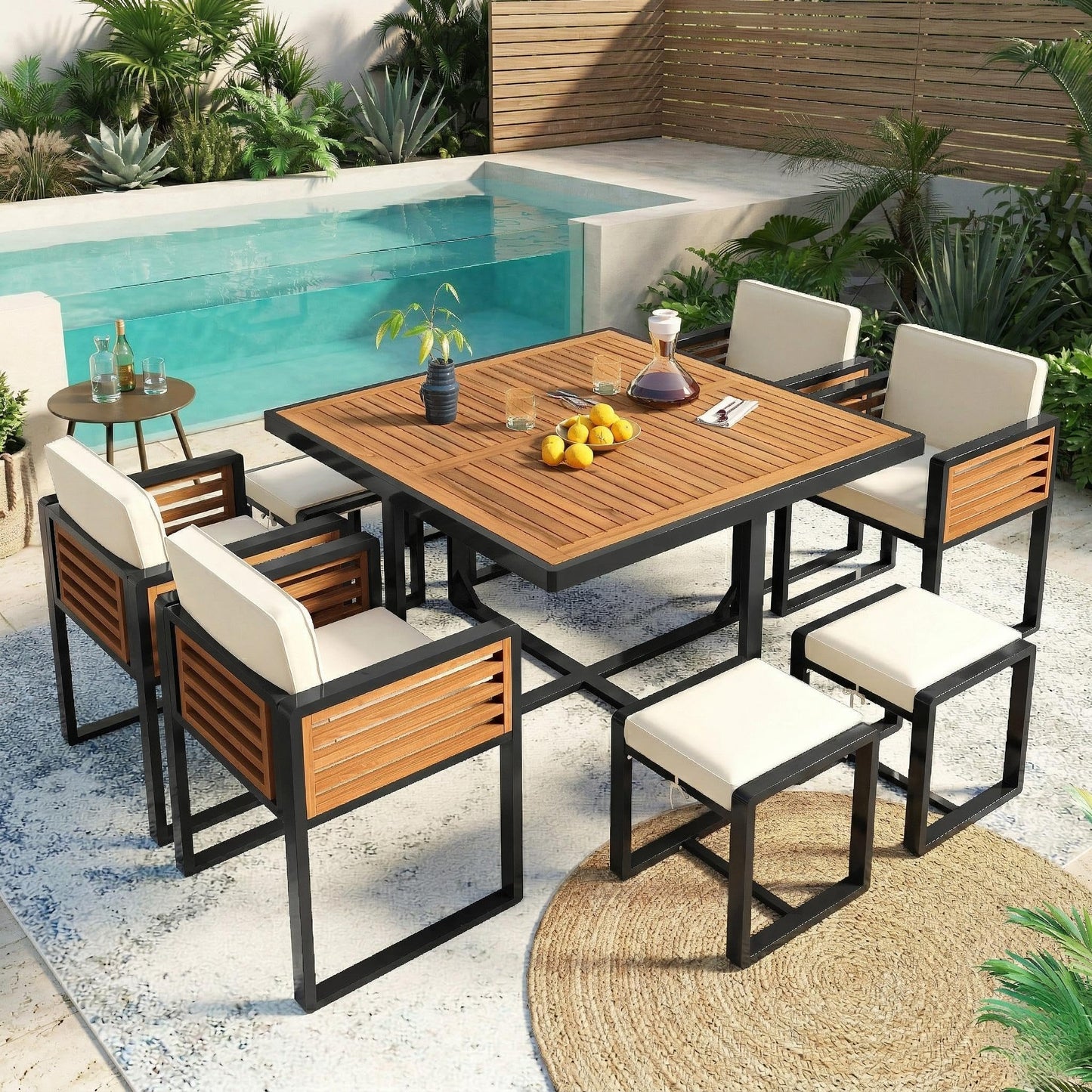 Merax 9-Piece Patio Dining Set for 8 People, Acacia Wood Outdoor Furniture Sets with 1 Square Table, 4 Cushioned Chairs and 4 Ottomans for Backyard, Garden, Lawn, Poolside, Space Saving Design, Beige