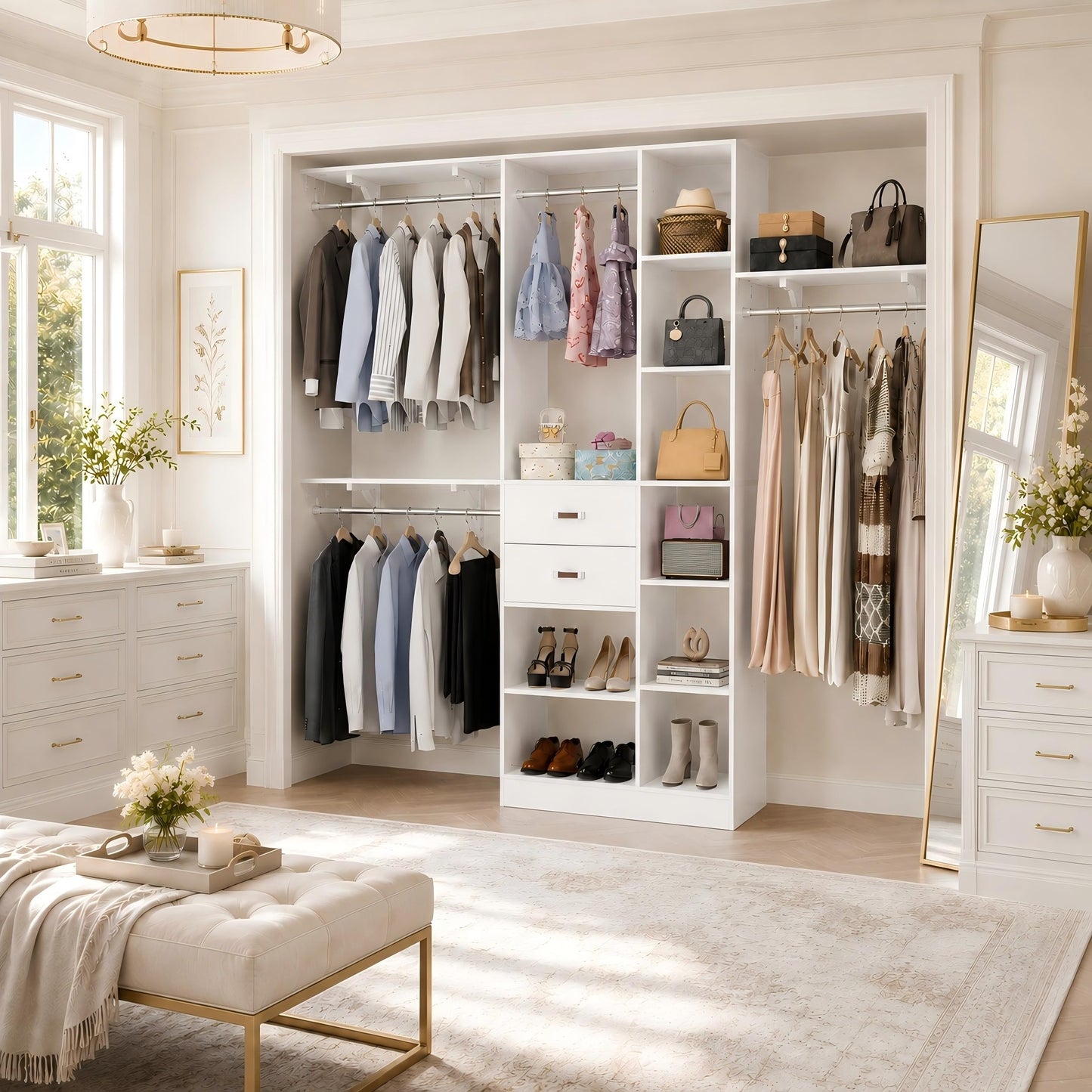 Upgraded 96 Closet System with 18 Storage Place, 8FT Closet Organizers System with 13 Shelves and 2 Wooden Drawers, 96'' Walk-in Closet with 4 Hanging Rods, Adjustable Garment Rack, White