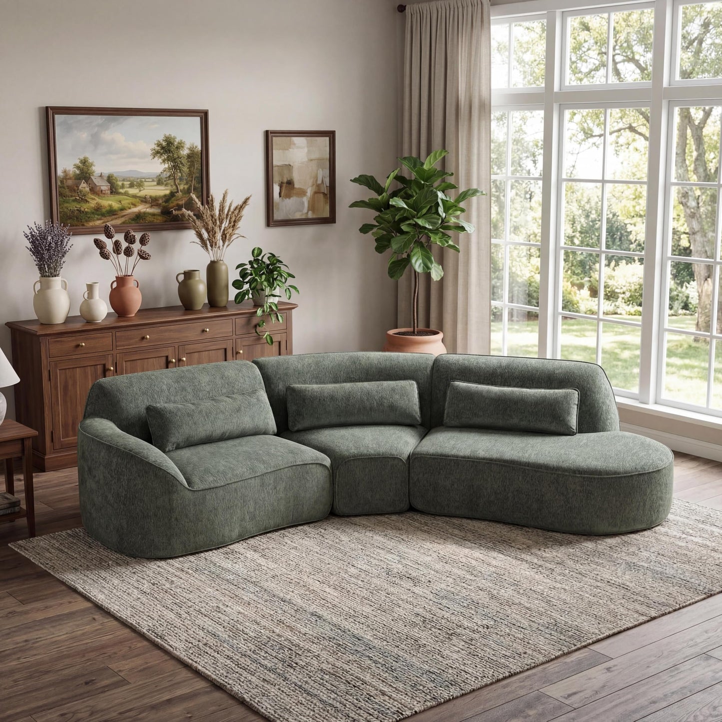Merax 123.23" Curved Polyester Sectional Sofa Set, Modern Cloud Couch with Chaise Lounge & 3 Pillows & Right Hand Facing, High-Density Fully Compressed Sponge, Fully Assembled for Living Room, Green