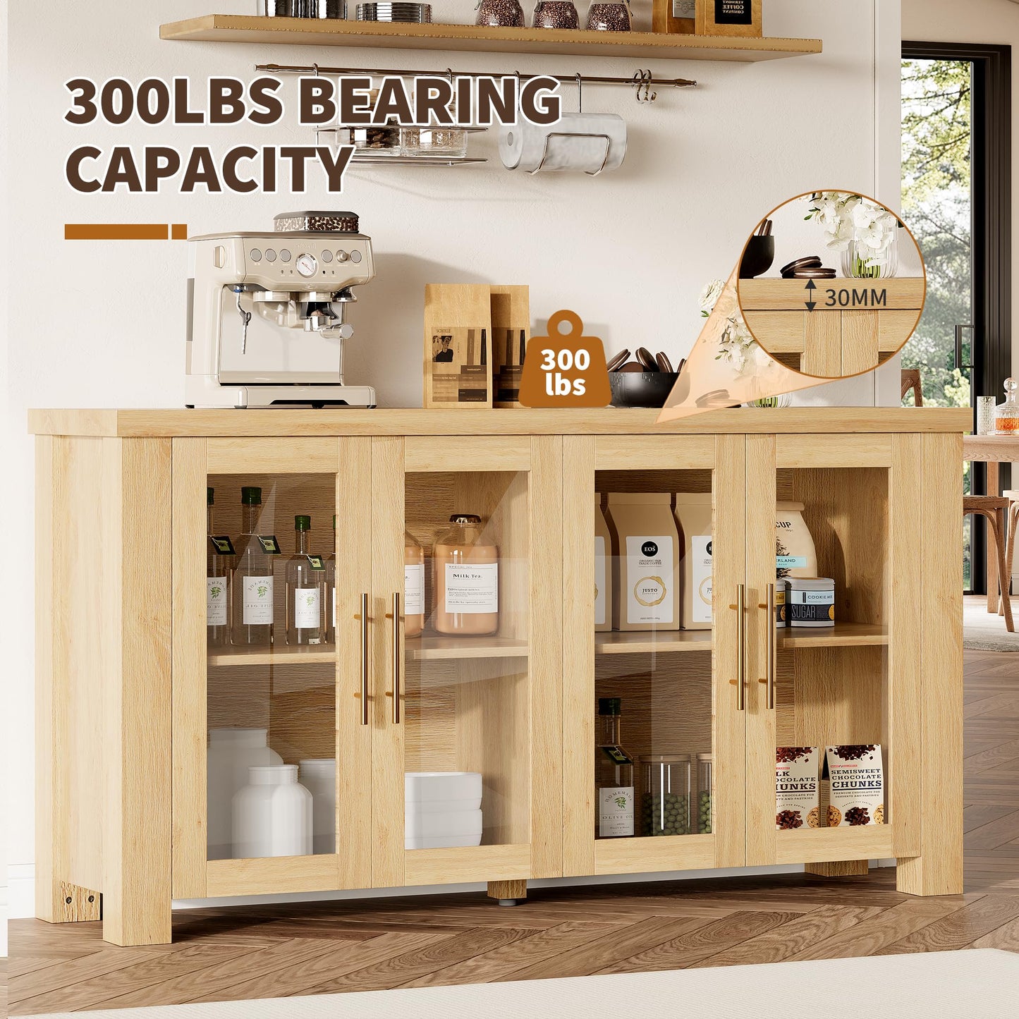 Garvee Buffet Cabinet with Storage, 59" Sideboard Credenza with Tempered Glass Doors, Wood Buffet Table for Living Room, Dining Room, Kitchen, Natural Wood