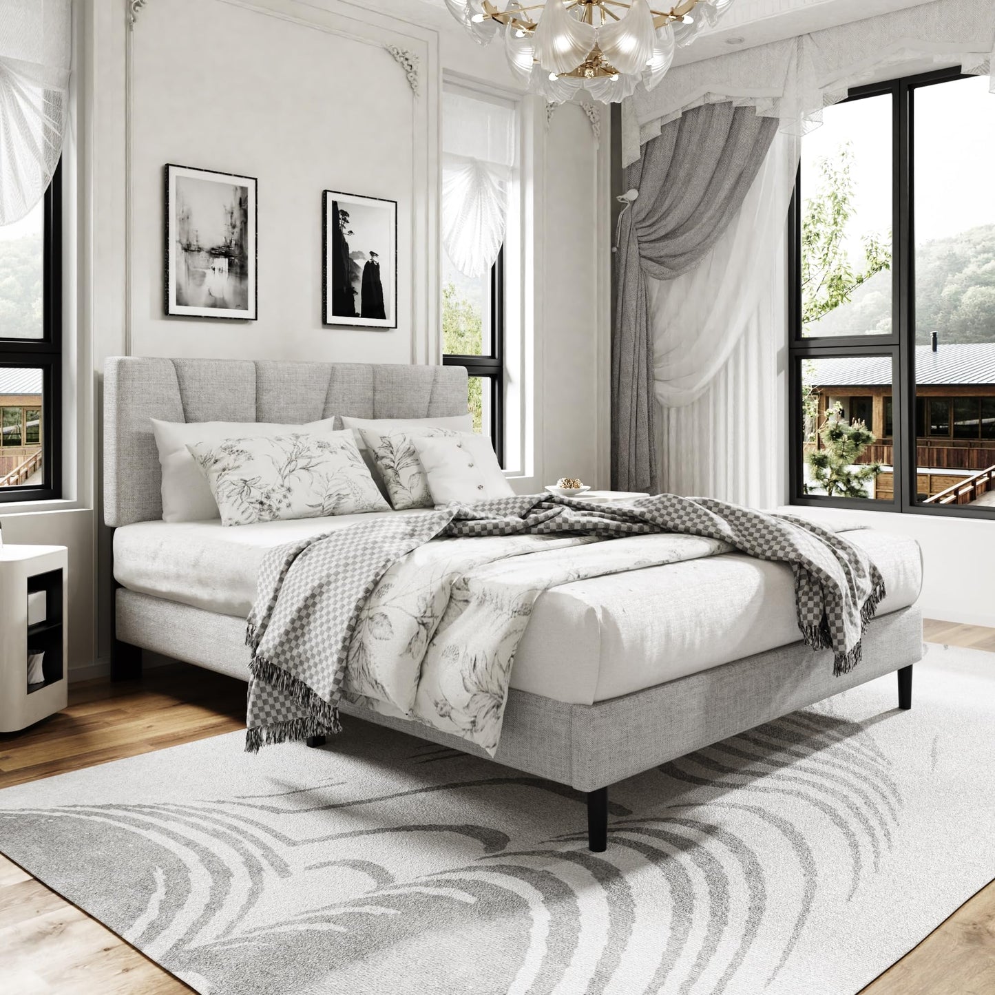 Sismplly Queen Size Platform Bed Frame with Upholstered Headboard, Wooden Slats Support, Noise Free, No Box Spring Needed, Easy Assembly, Light Grey, Linen