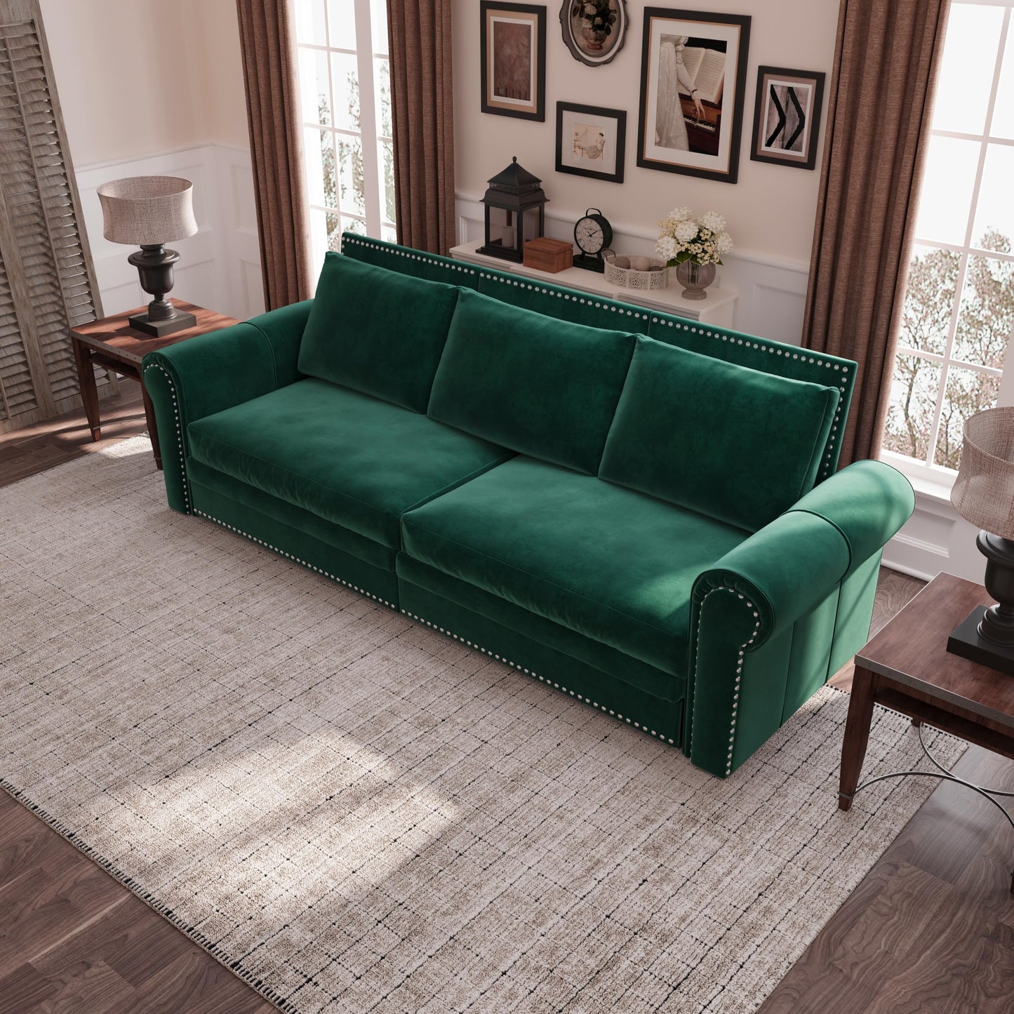 Ball & Cast 3-in-1 Convertible Sofa Bed,93.7" Velvet Pull Out Couch Bed King Size, Loveseat Sleeper Sofa with Nailhead Trim & Rolled Arm,Multi-Functional Sofa Couches for Living Room,Green