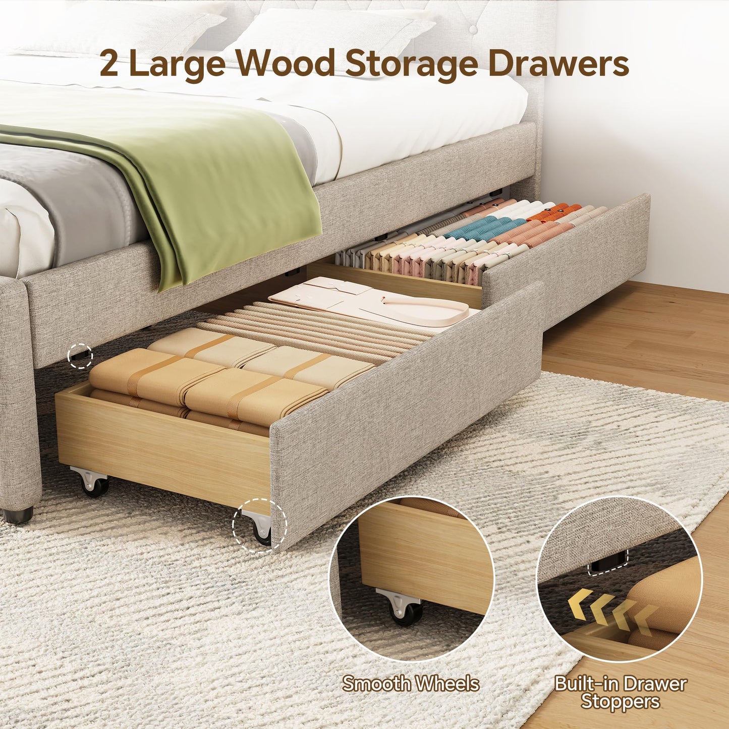 Ball & Cast Queen Bed Frame with Adjustable Headboard,Upholstered Platform Bed Frame Queen Size with 2 Wood Storage Drawers & Pull‑Out Trundle Bed,Wooden Slats Support,No Box Spring Needed,Taupe