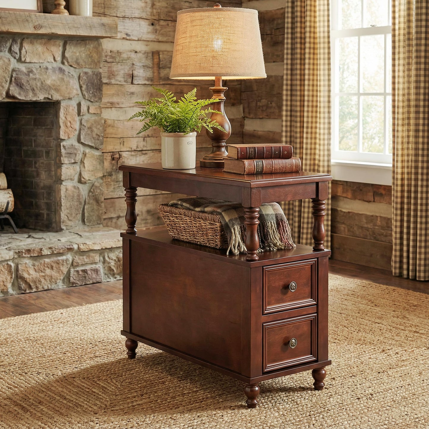 Tribesigns Cherry Finish Wood End Table with 2 Drawers, Mid-Century Wooden Slim Side Table Nightstands with Storage Shelf, Accent Table for Living Room, Easy to Assemble