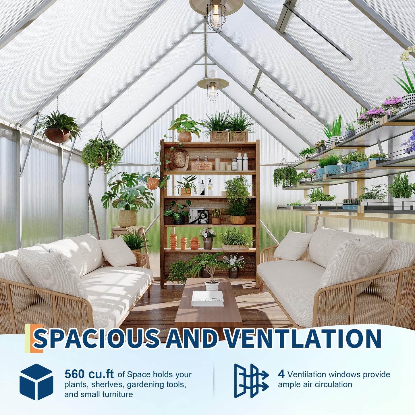 CABIHOME 8x10 FT Outdoor Greenhouse, Polycarbonate Greenhouse with Roof Vent and Ground Nails, Aluminum Large Walk-in Green House w/ Lockable Push Door for Outdoor Garden (Sliver, 8x10 FT)