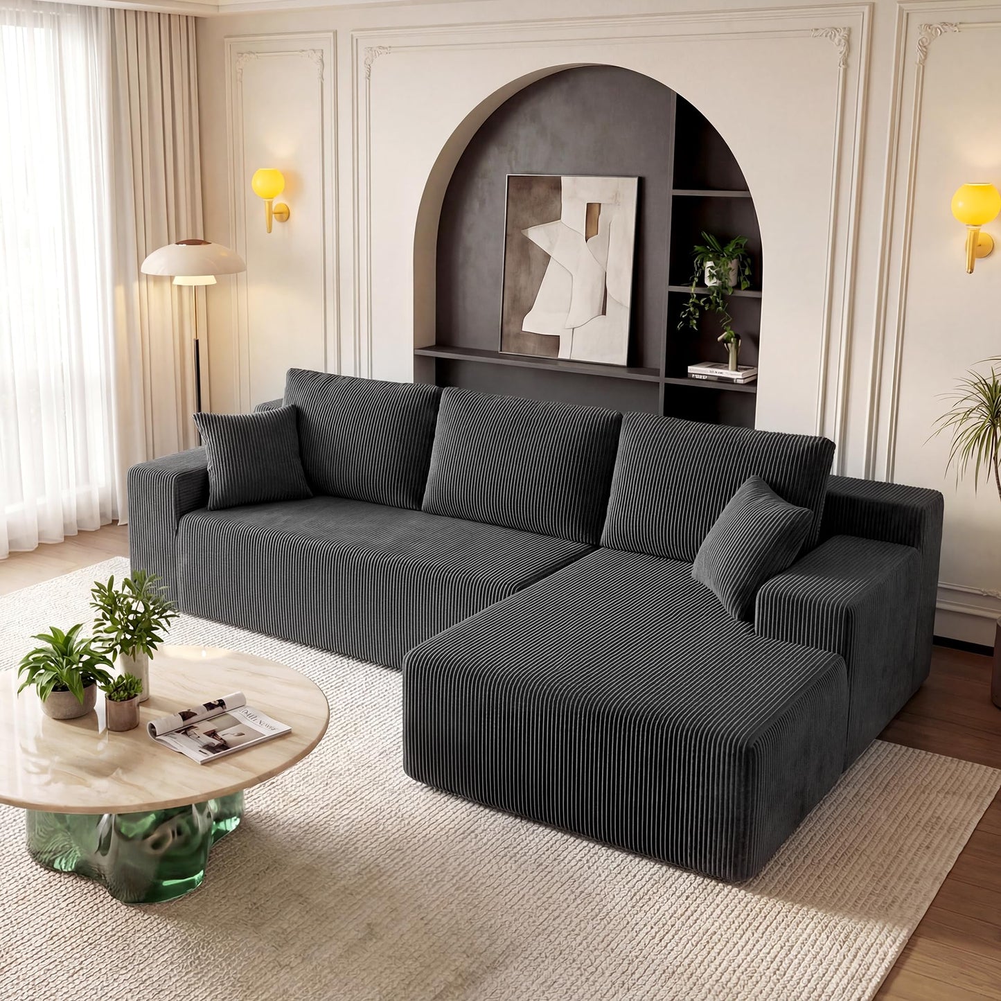 GRUSIGN Cloud Sectional Boneless Couches for Living Room, Modular L Shaped Couch with Deep Seat Oversized Right Facing Chaise, Memory Foam Compressed Spineless 3 Seater Sofa, Grey