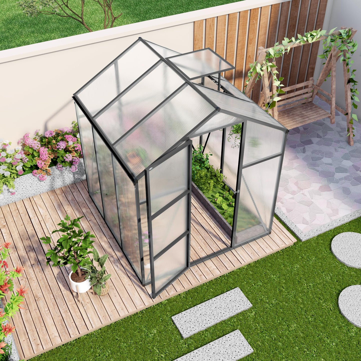 Walk-in Greenhouse 6x14FT, Heavy-Duty Aluminum Frame Polycarbonate Green House Kit, UV Resistant Plant Shelter with Vent Windows & Drainage System, Outdoor Garden Greenhouse for Vegetables Flowers