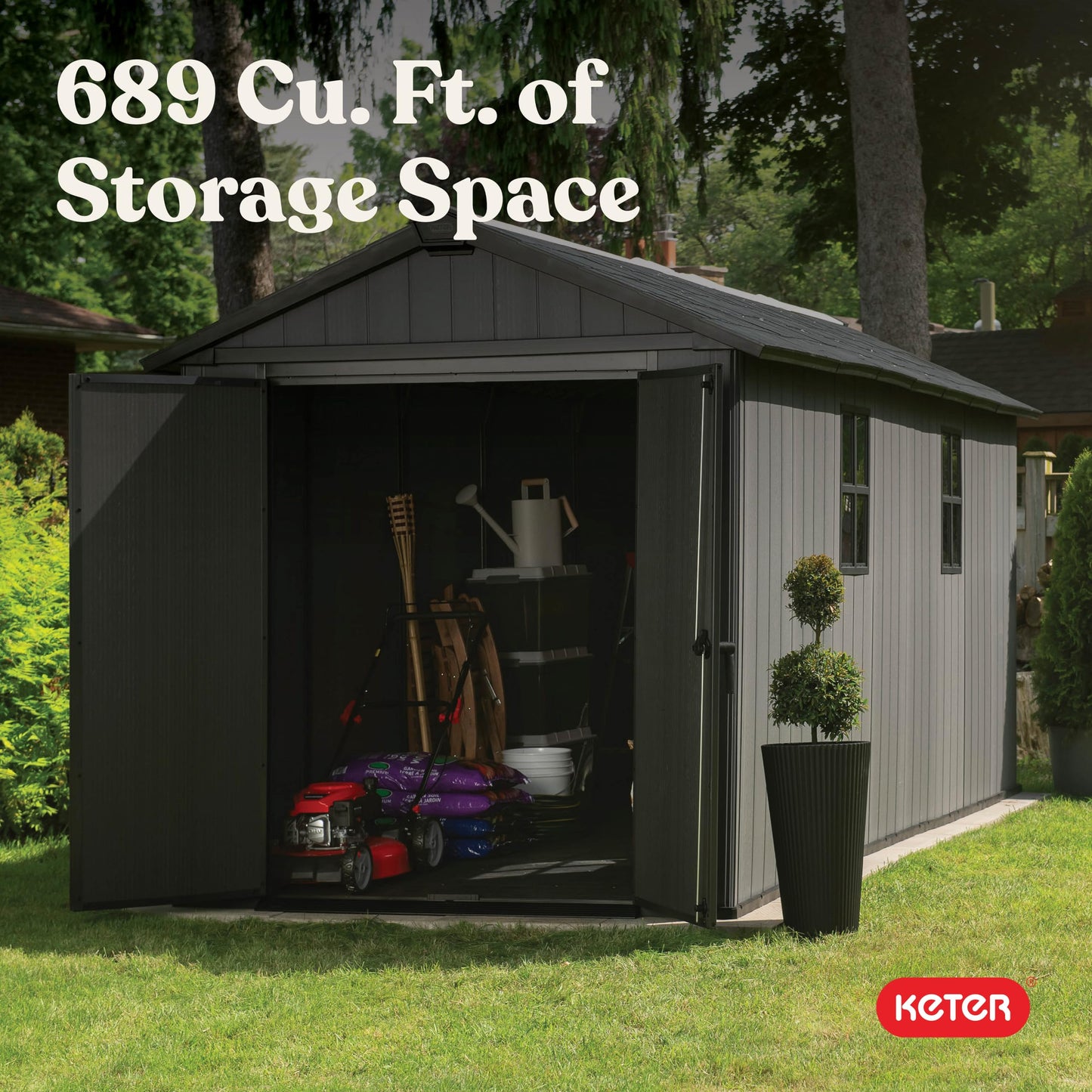 Keter Newton Plus 7.5x15 Ft All-Weather Storage Shed with Skylight, Window, Built-in Ventilation, Customizable Walls, & Lockable Double Doors, Graphite