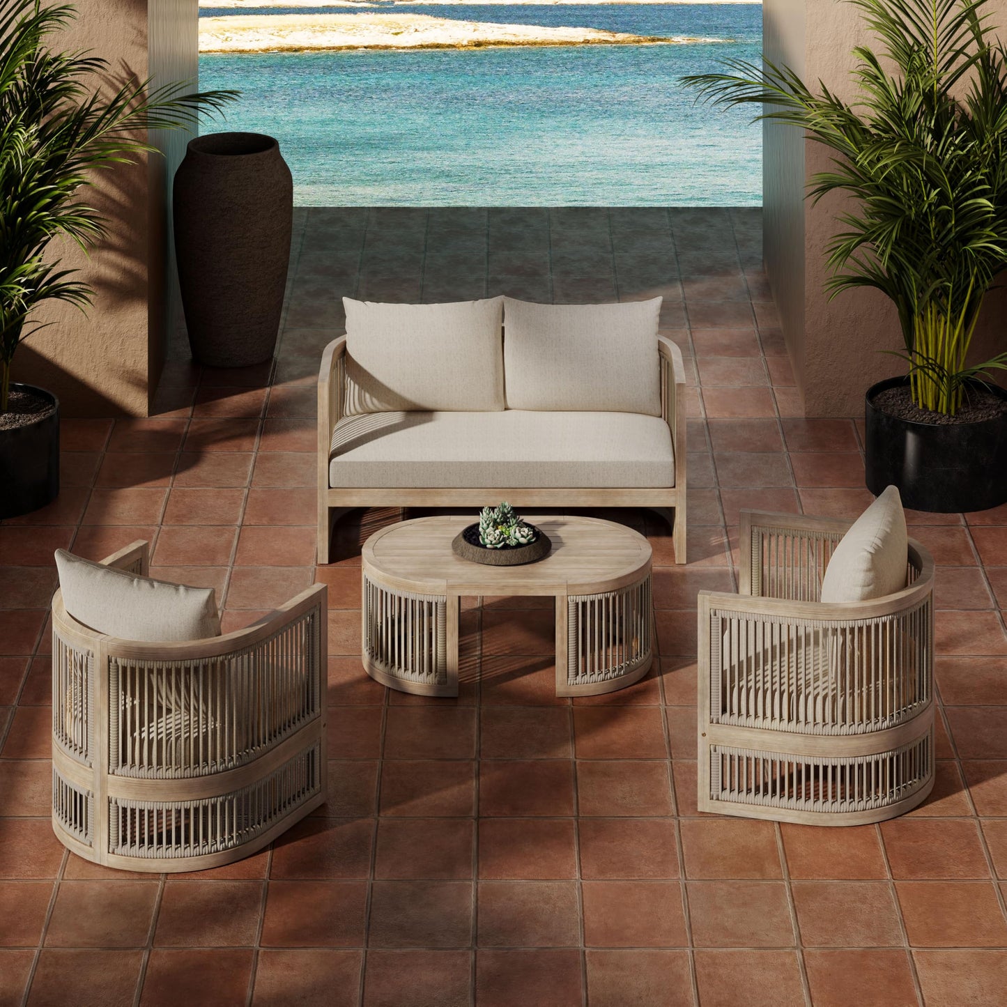 Christopher Knight Home Delbert Acacia Wood 4 Piece Patio Furniture Set, Wooden Patio Conversation Set with Club Chair+Coffee Table, 4-Seater Outdoor Loveseat Sofa Chair and Table Set, Natural+Beige