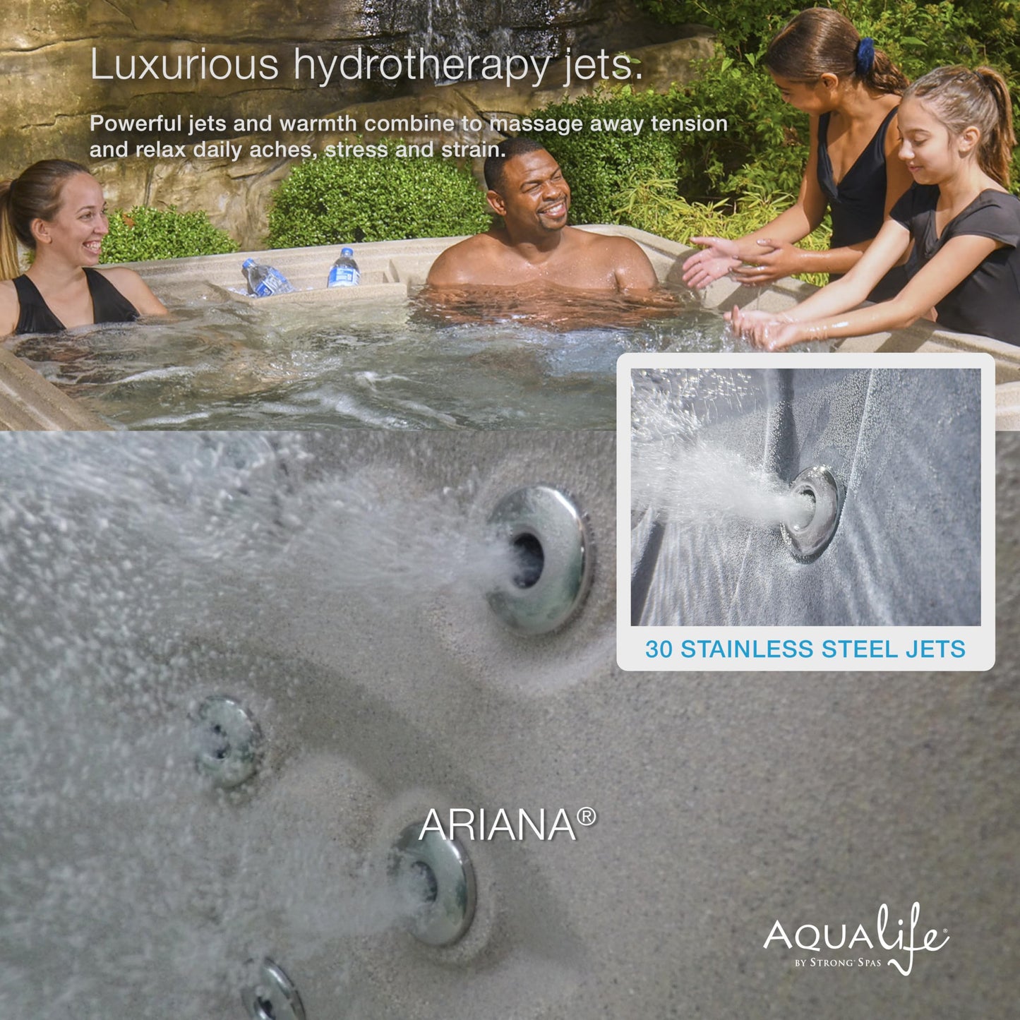 AquaLife Ariana™ 7-Person 30-Jet Non-Lounger Hot Tub with LED Lighting, Insulated Cover, Built-in Ice Bucket, Stainless Steel Heater and Ozonator