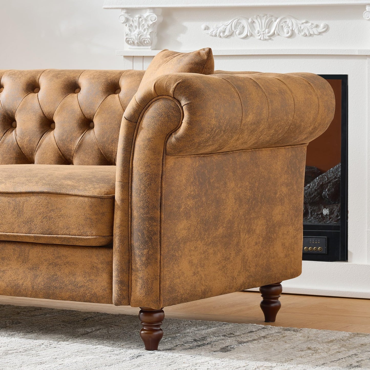 GDFStudio 81" Chesterfield Sofa Couch, 3 Seat Mid Century Modern Sofas & Couches, Fabric Upholstered Couch with Rolled Arms & Pillows, Modern Living Room Sofa for Apartment Office Home Seating, Brown