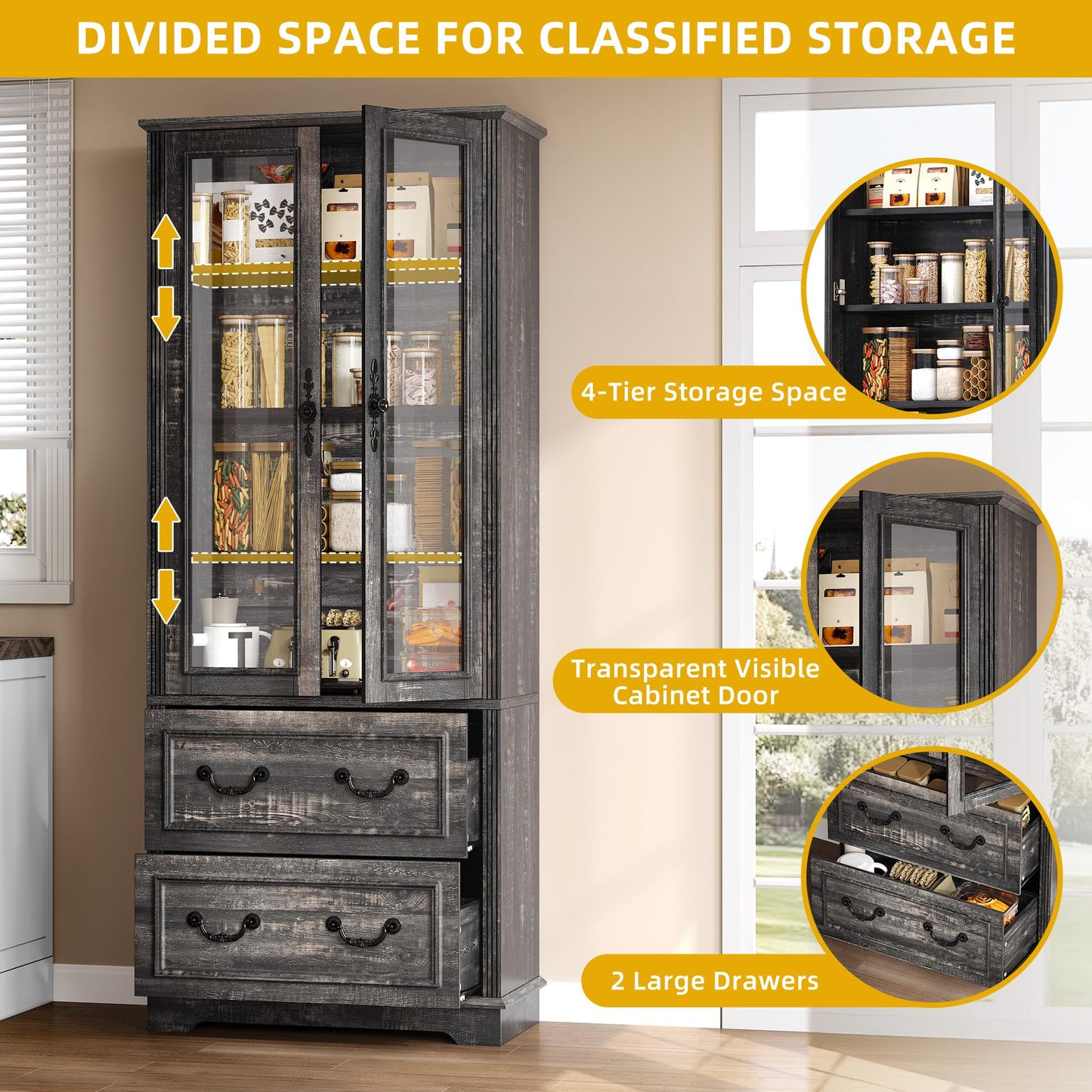 DWVO 76" Storage Cabinets, Freestanding Kitchen Pantry with Adjustable Shelves & Drawers, Farmhouse Glass Display Cabinets Tall Cupboard for Dining Room, Living Room, Dark Rustic