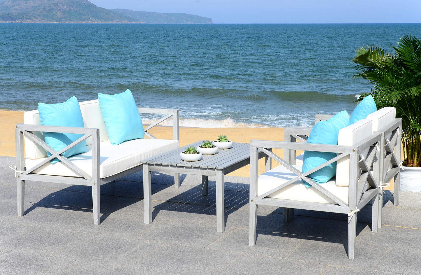 Safavieh PAT7031A Collection Nunzio Teak and White and Navy 4 Pc Accent Pillows Outdoor Set