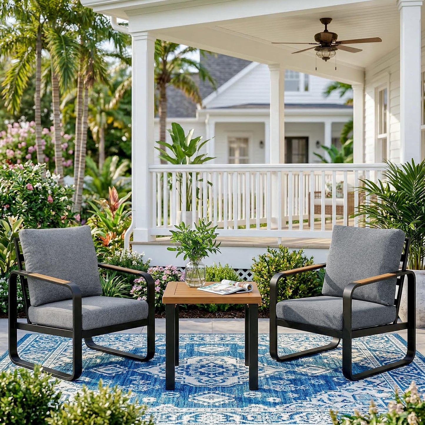 Tribesigns 3-Piece Outdoor Patio Furniture Set with 2 Armchairs & 1 Side Table, Modern Metal Patio Bistro Set with 6'' Thick Cushions, All-Weather Conversation Set for Balcony, Porch, Gray