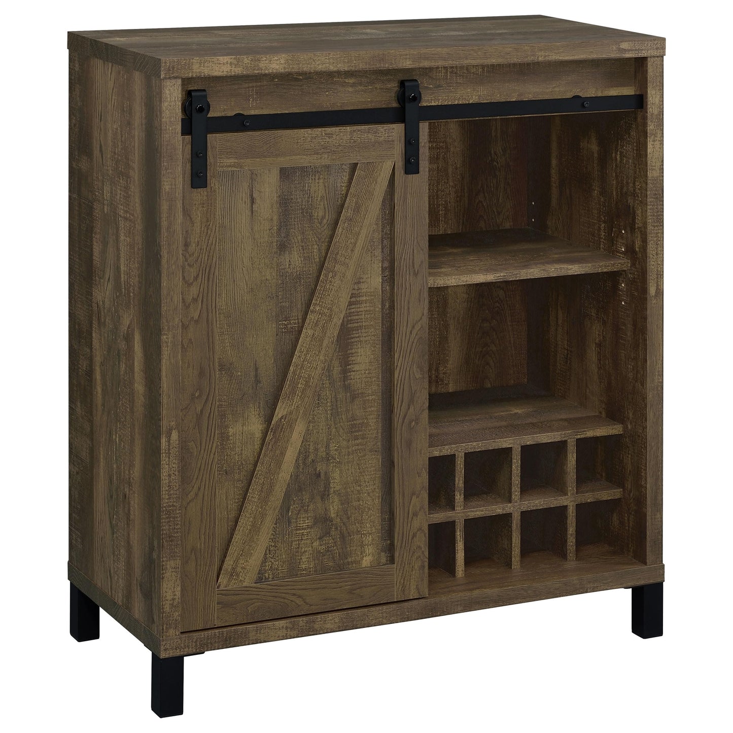 Coaster Home Furnishings Arlington Sliding Barn Door Home Bar Wine Cabinet, Rustic Farmhouse Liquor Cabinet with 3 Shelves, Stemware Rack, and Wine Racks, Oak