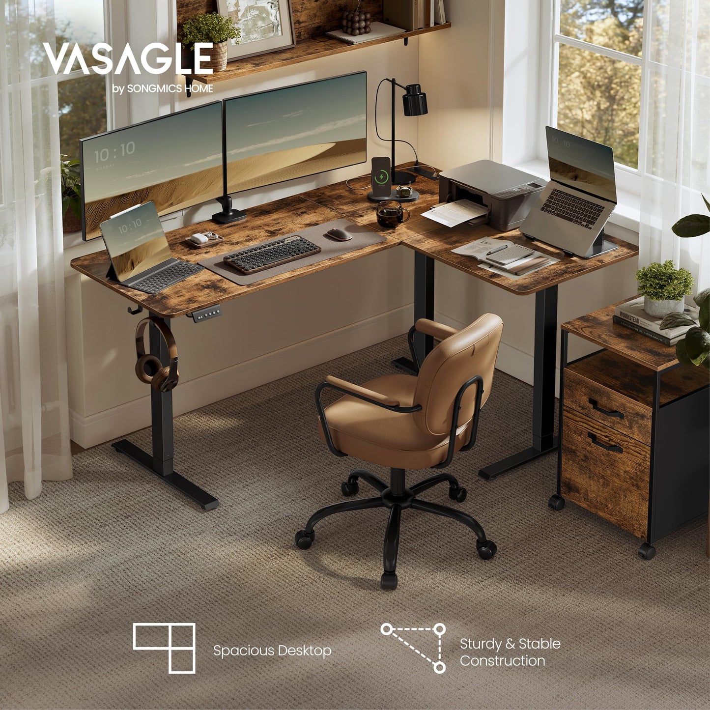VASAGLE L Shaped Electric Standing Desk, 63 x 47.2 Inches, Height Adjustable Corner Desk with Power Outlets, 2 Memory Buttons, Easy to Assemble, for Home Office, Rustic Brown ULSD242K01