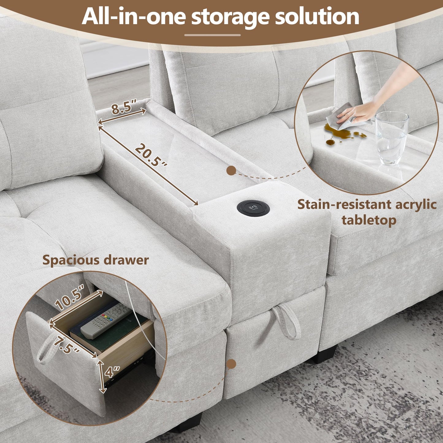ERYE 104-Inch Oversized Tufted Corner Sectional Sofa 6 Seat Modular Convertible Sofa Couches W/Charging Station, Movable Ottoman, Storage Console,Drawers for Home/Apartment