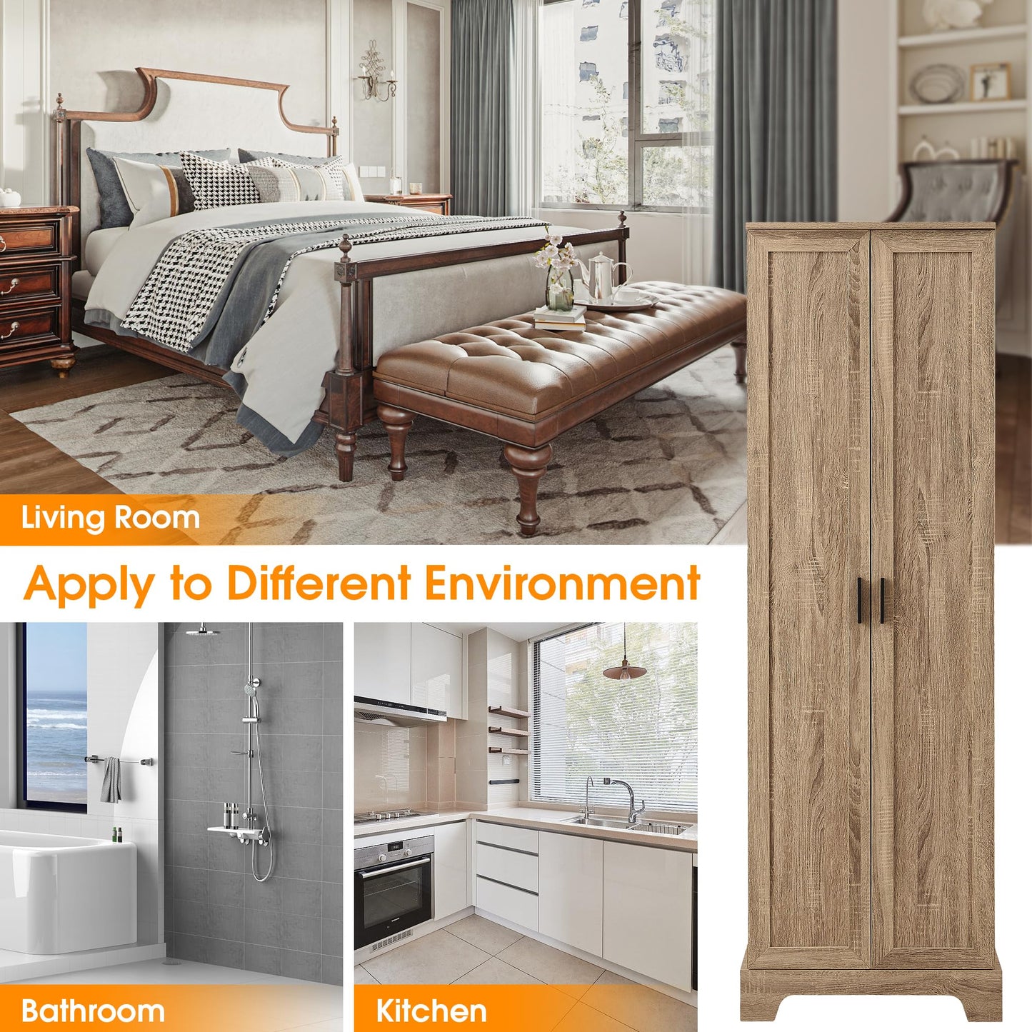 Jintop 71.2" Freestanding Waterproof Storage Cabinet with Two Doors,Wooden Kitchen Pantry Cupboard w/Adjustable Shelf & MDF Board w/Painted Finish,for Bathroom Office Living Room,Brown