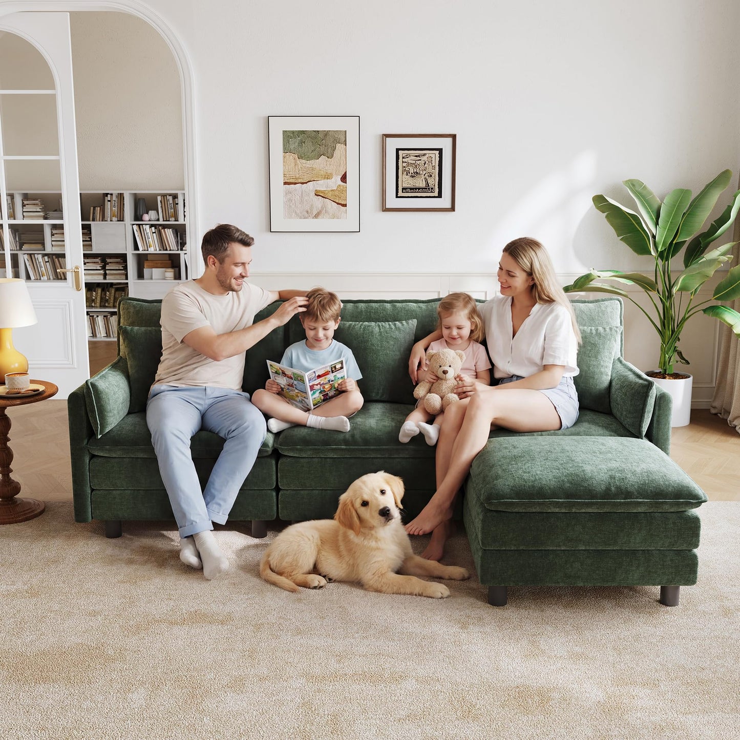 LINSY HOME 98'' Modular Sectional Sofa 3 Seat Couch Chenille Cloud Couch with Deep Seat, L Shaped Couch with 1 Movable Ottoman for Living Room, Office, Bedroom, Green(Pillows Included)