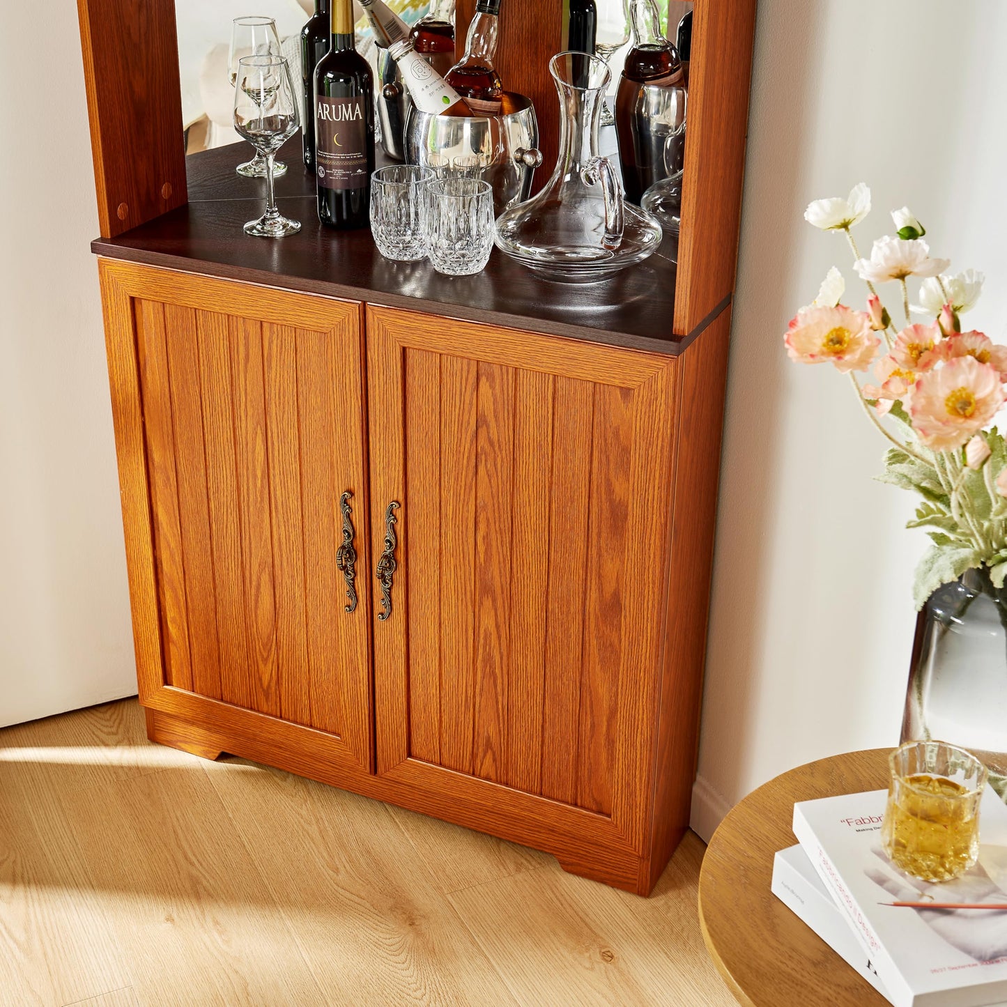 GDFStudio 70.89" Tall Corner Storage Cabinet with Doors, 5-Tier Wine Rack Display Cabinet with Mirrored Back Adjustable Shelves, Wood Coffee Bar Cabinet for Living Room Kitchen Dining Room, Dark Oak