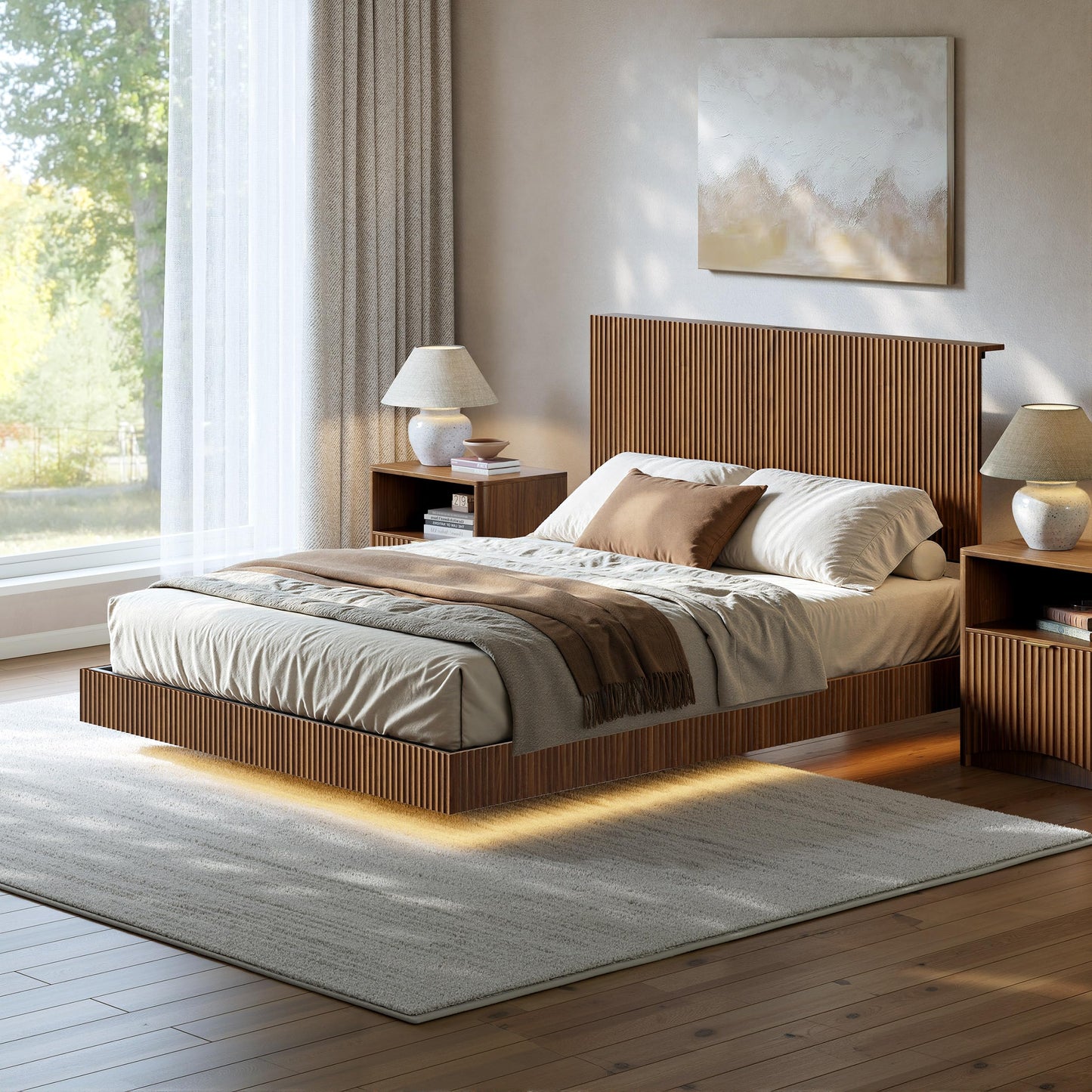 Evermagin Walnut Queen Floating Bed Frame with Headboard, Mid Century Modern Fluted Platform Bed with LED Lights, Heavy Duty Floating Bedframe with Charging Station, No Box Spring Needed