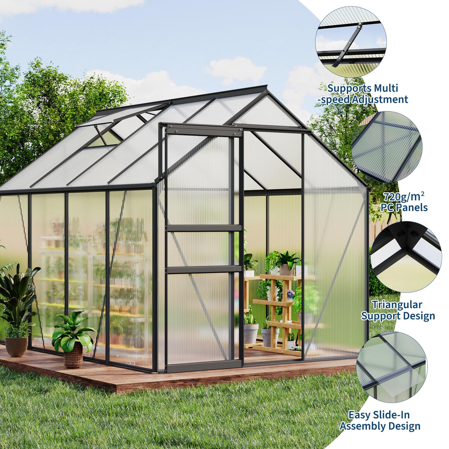 IDEALHOUSE 6 x 8FT Greenhouse for Outside, Polycarbonate Greenhouses with Aluminum Frame, Sliding Door, Adjustable Roof Vent for Backyard, Outdoor Green Houses Garden Backyard, Patio