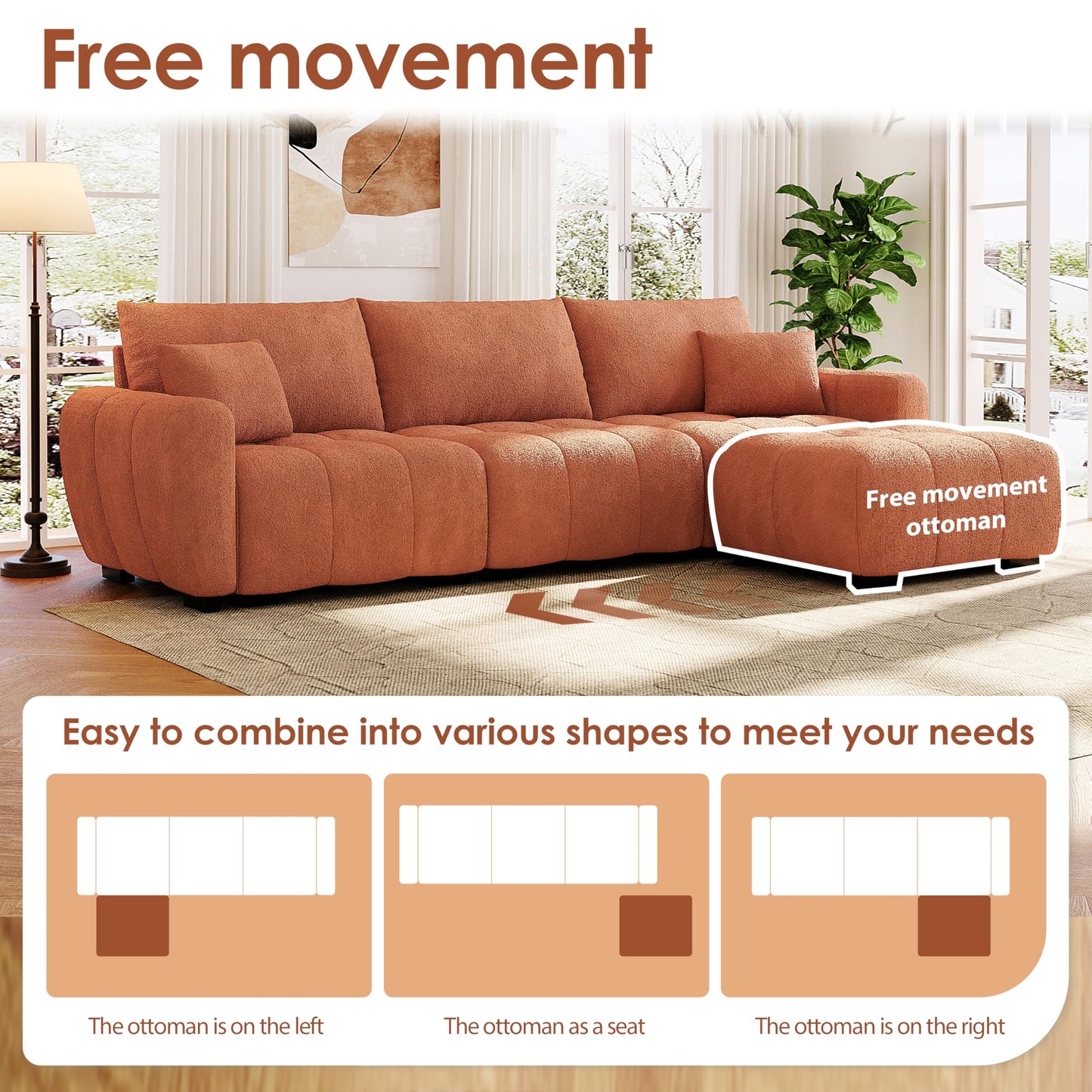 ERYE 110" L-Shaped Sectional Sofa 4 Seat Tufted Sofa Couches with Ottoman, Oversized Tufted Boucle Upholstered Corner Sectional Couch for Living Room Home Apartment