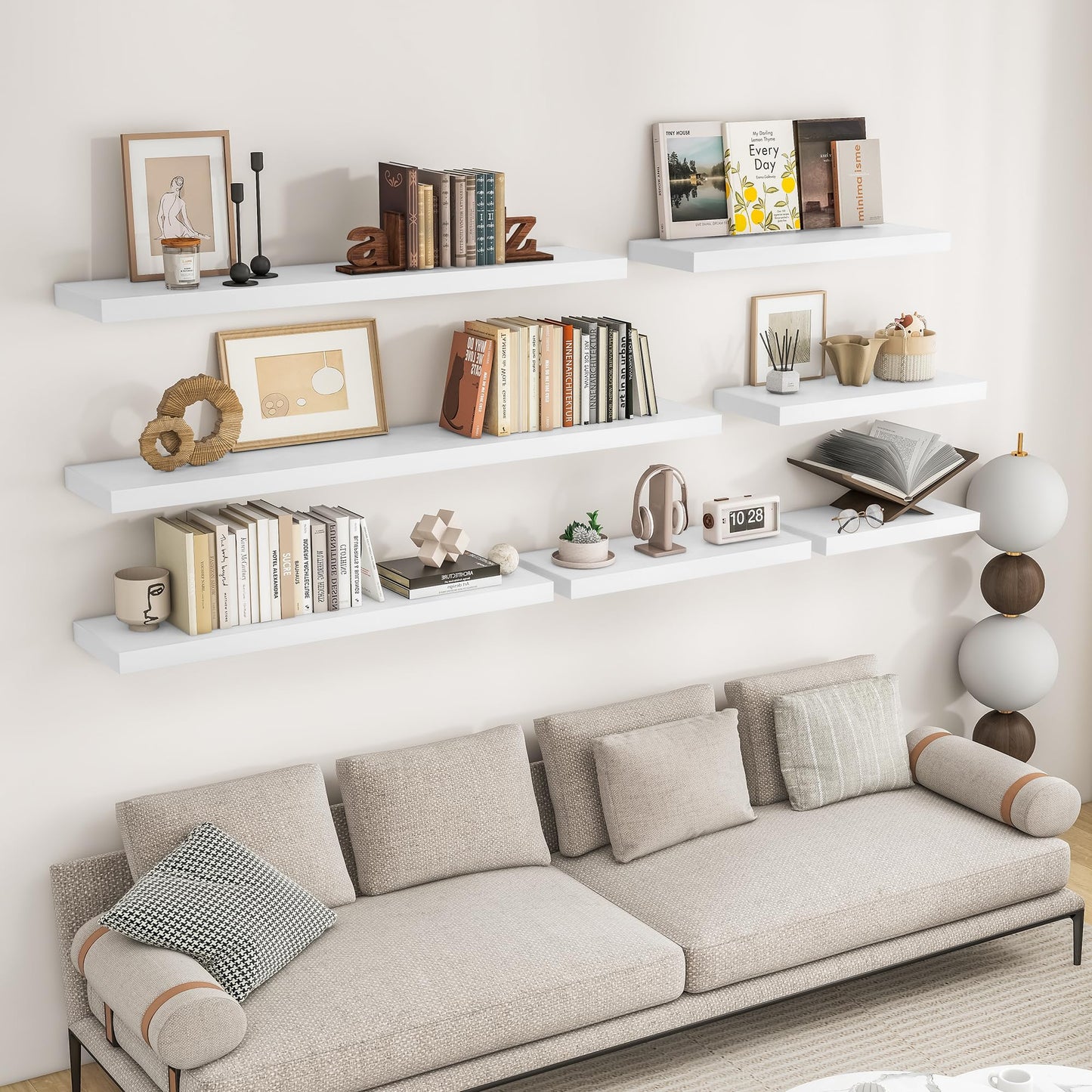 RICHFOCUS 72Inch Floating Shelves for Wall 2 Pack Shelves for Bedroom|Kitchen|Bathroom Wall Mounted Rustic Wood Floating Shelf with Invisible Brackets for Books|Storage|Decor, White