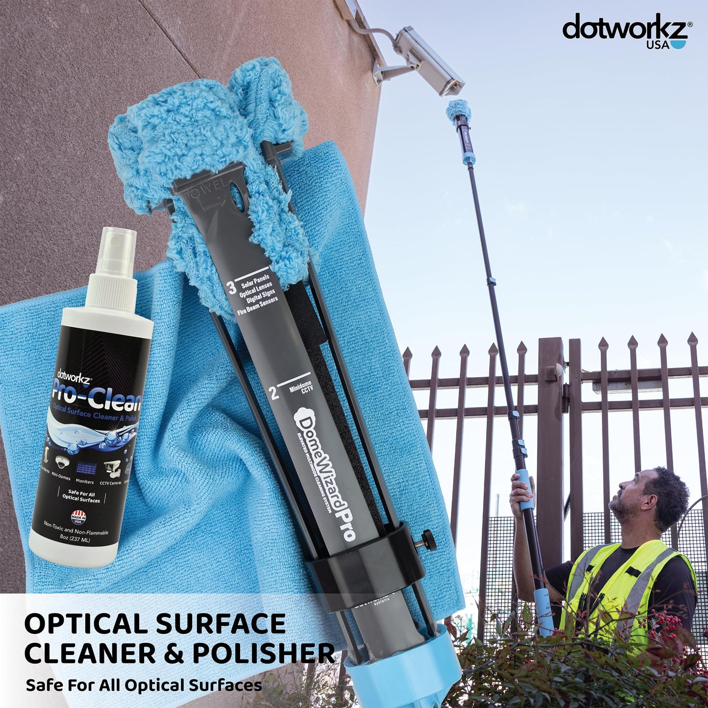 DomeWizard™ Compact Security Camera Cleaning Kit with Pole – Streak-Free Lens Cleaner for Dome, PTZ, Mini Dome & Bullet Cameras – Reusable Microfiber Mitt + 8oz Cleaning Solution