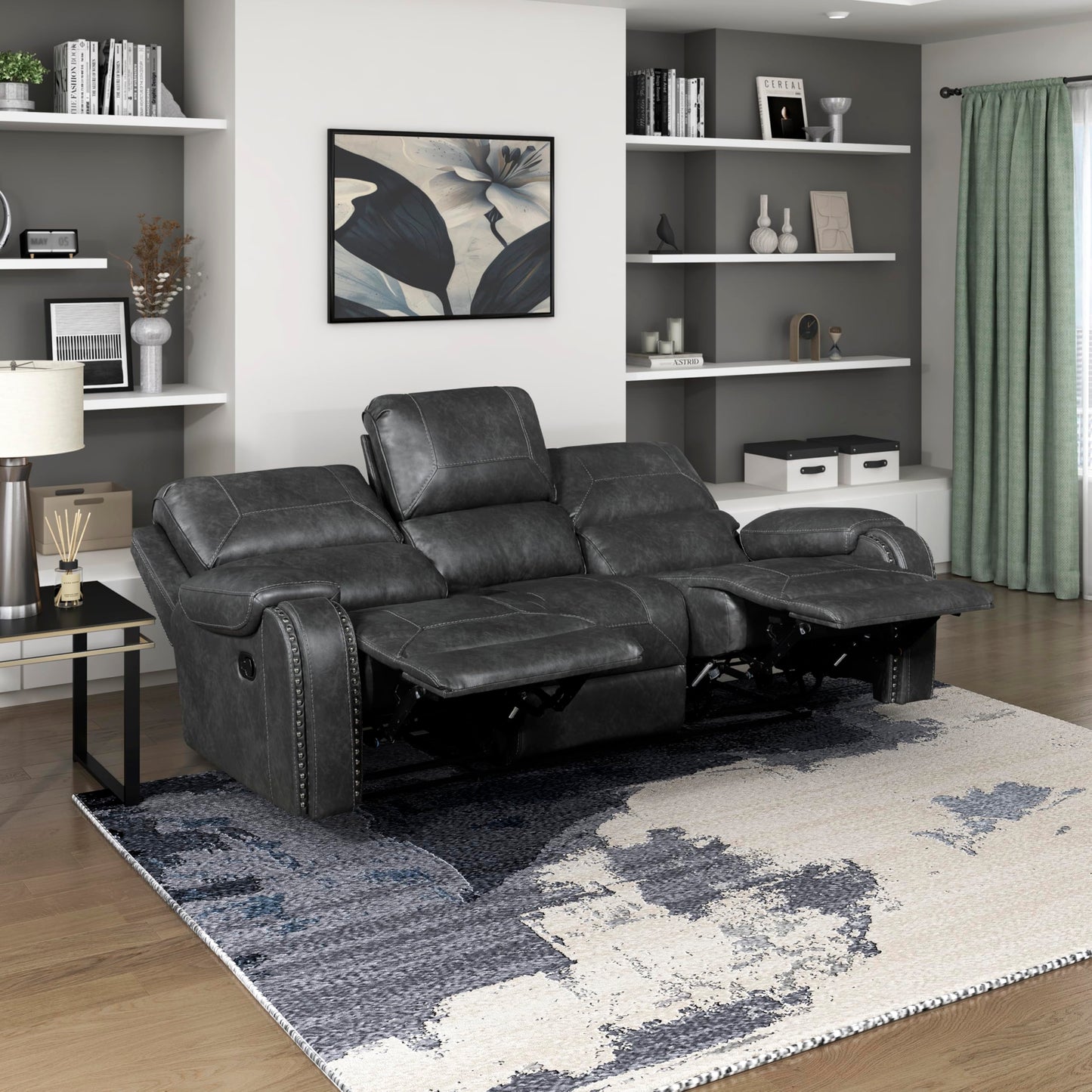 Lexicon Modern Double Recliner Sofa, Faux Leather Reclining Sofa with Nailhead, Center Drop-Down Cup Holders, Receptacles, USB Ports, Manual Recliner Couch Sofa for Living Room/Office/Apartment, Grey