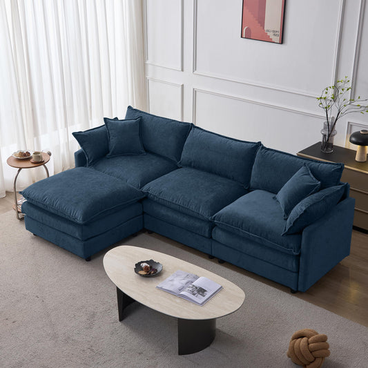 KEIKI 3 Seater Chenille Modular Sectional Couch Sofa with Ottoman, Double-Layer Seat Cushions & Back Cushions, Modern L-Shape Upholstered Cloud Soft Sofa Couches Chaise Lounge for Living Room