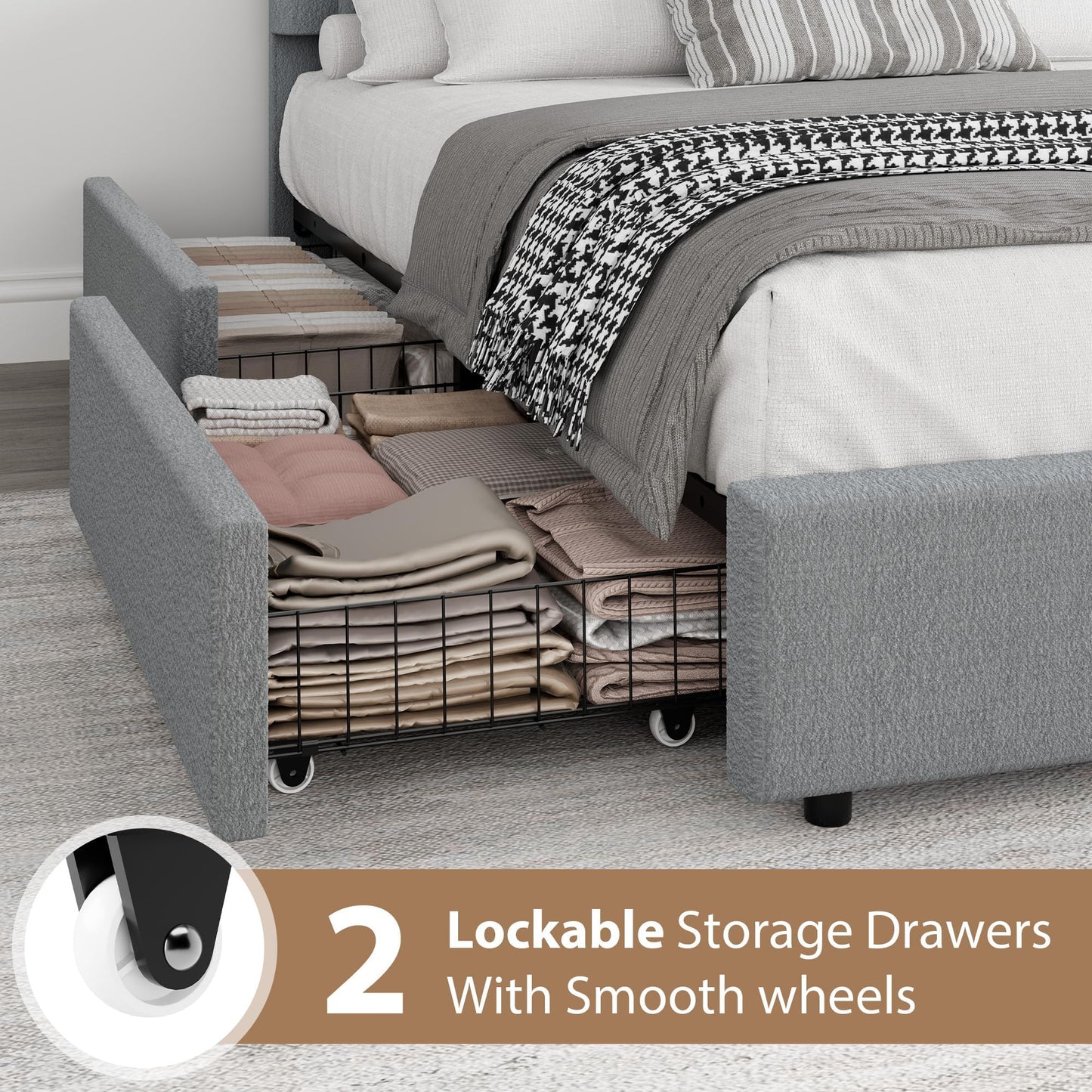 Garvee Full Size Bed Frame with Storage Drawers, Upholstered Boucle Platform Bed with Round Headboard, Heavy Duty & Noise Free, No Box Spring Needed, Grey