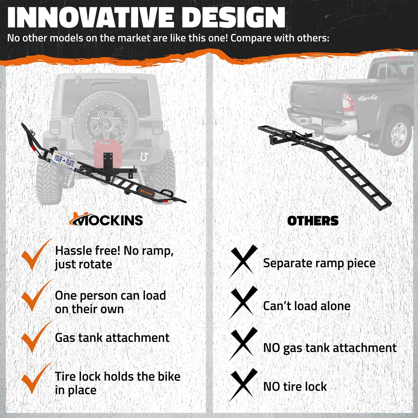 Mockins 83" Tilting Dirt Bike Carrier Hitch Mount Rack | 500 Lbs. Capacity eBike Rack with Ramp for Up to 5.5"W Tires | Small Motorcycle Hitch Carrier Set w/ License Plate Holder, Stabilizer, & Straps