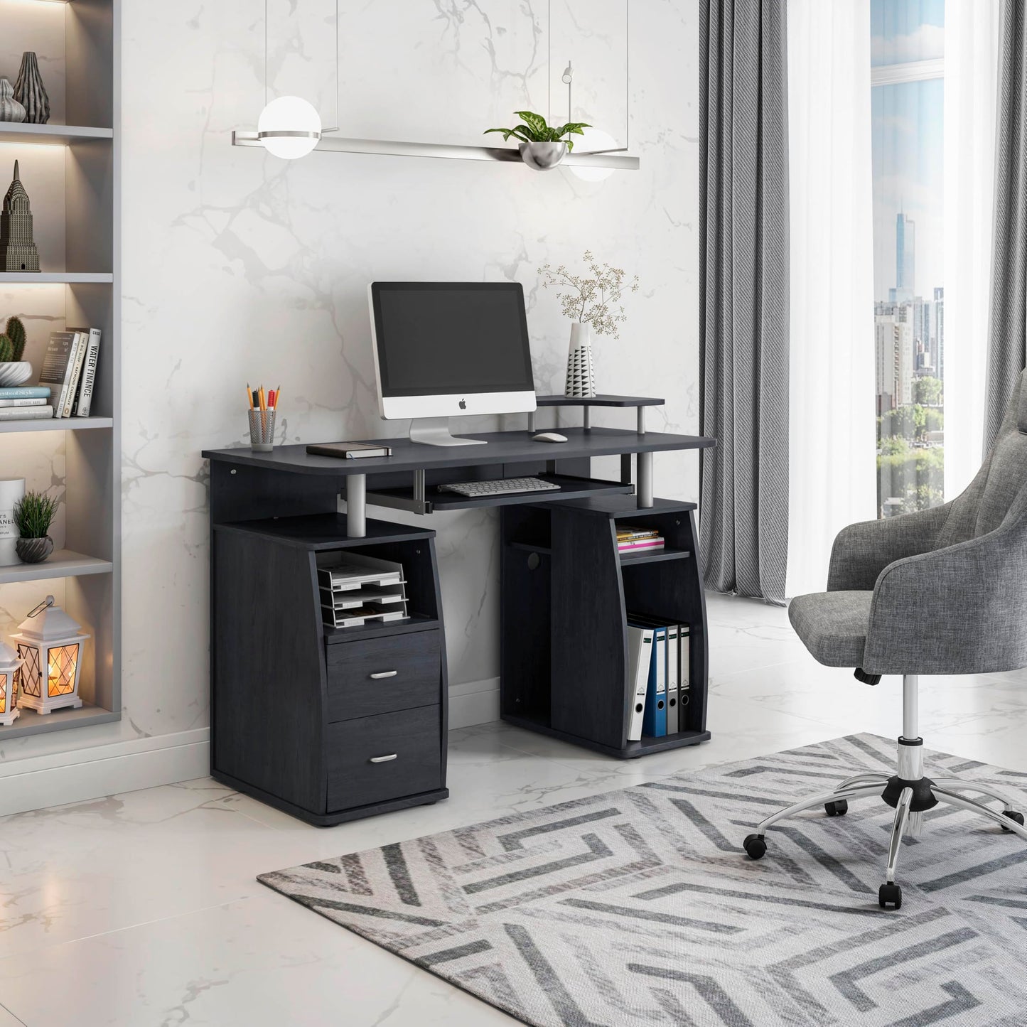 Techni Mobili 47" W Computer Desk with Drawers and Storage, Office Desk with Printer Shelf, Pull Out Shelf and Keyboard Tray, Computer Workstation, Espresso Brown