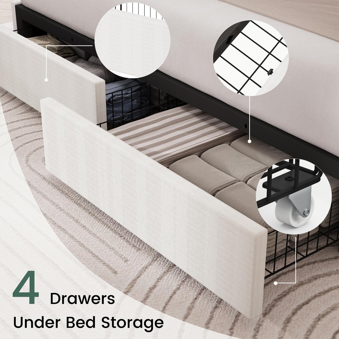 LARMACE Queen Size Bed Frame with 4 Storage Drawers and Wingback Headboard Linen Upholstered Platform Bed Frame with Wooden Slats, Easy Assembly, White