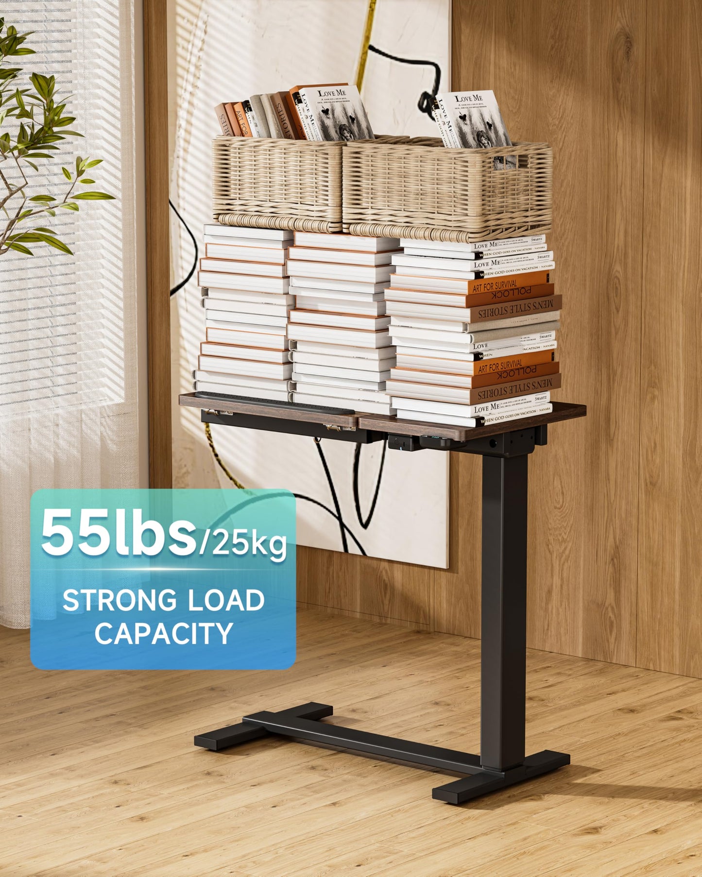 BIZUM Small Electric Standing Desk, Overbed Table Wireless Tilt Top with Hidden Wheels, 27.6×15.8 Inch Adjustable Rolling Laptop Desk, USB-C Rechargeable Battery, Walnut
