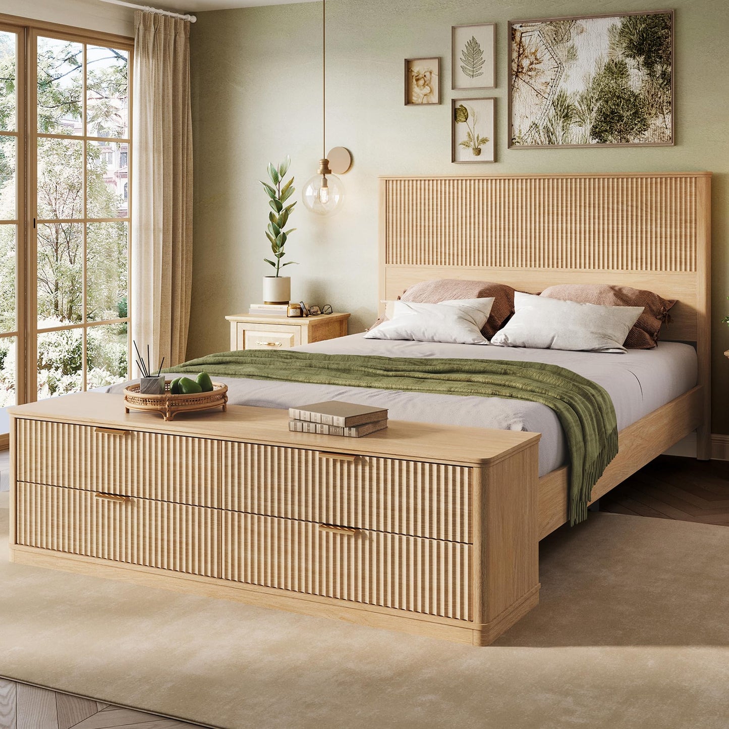 LINSY Storage Bed Frame Queen Bedframe with Drawers, Tall Bed Frame Queen-Size with Headboard and Footboard Bench, Fluted Boho Bed Frames Wooden Platform Beds with Storage, No Box Spring, Light Wood
