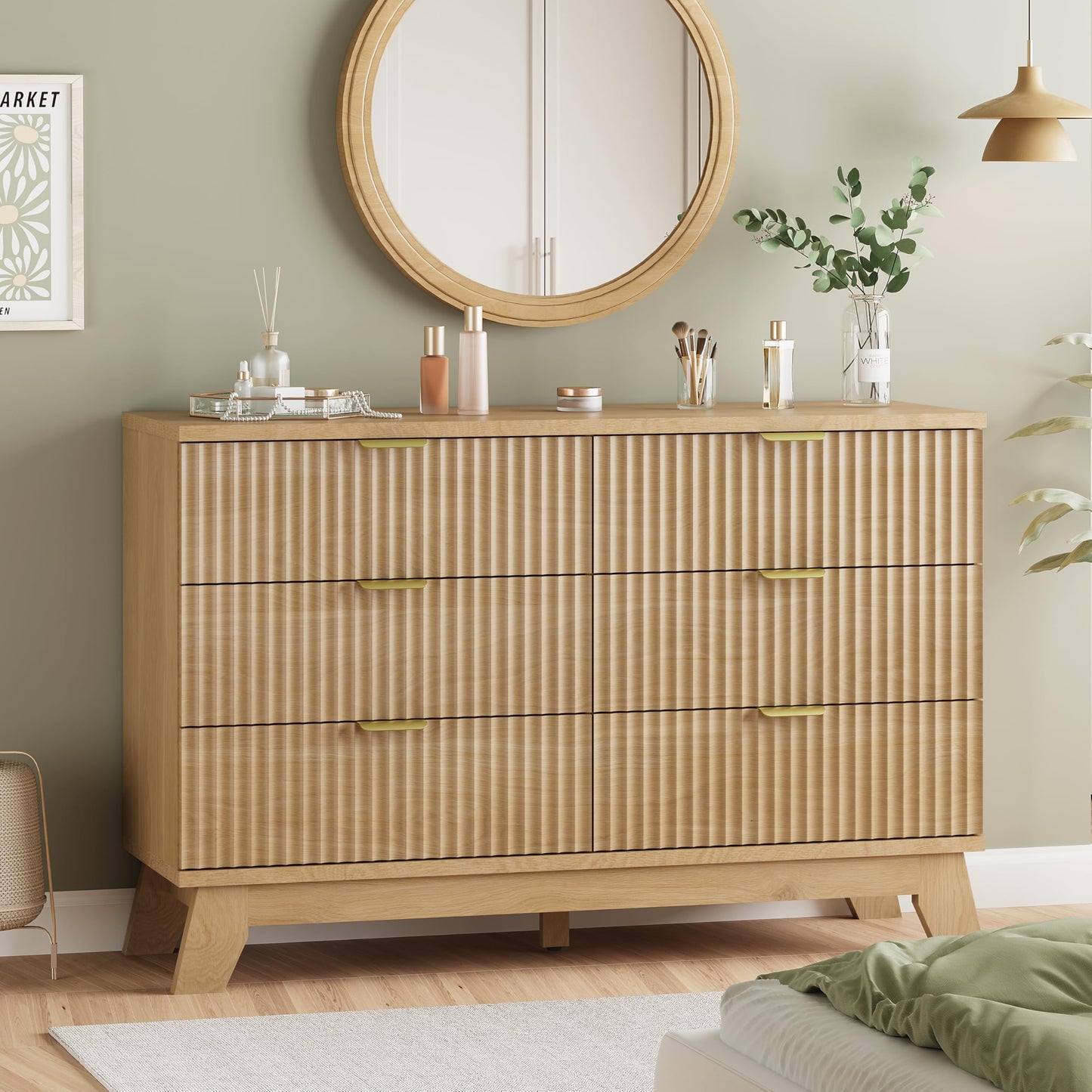 Fluted Dresser for Bedroom with 6 Drawers, 48" Wide Modern Chest of Drawers with Metal Handle, Wooden Dresser TV Stand, Wood Closet Clothes Storage Organizer for Living Room, Hallway, Natural Oak