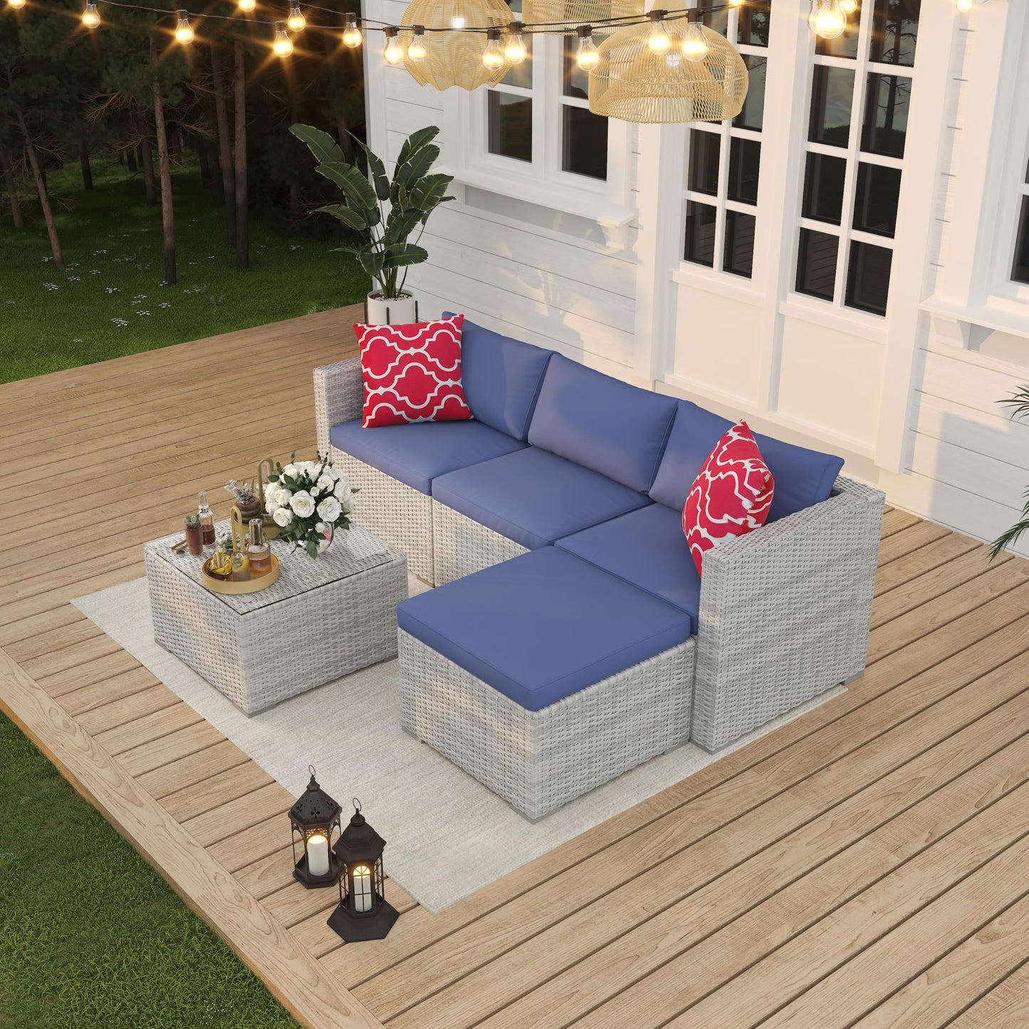 5 Piece Outdoor Patio Furniture Set, Rattan Deck Conversation Sofa Set with Non-Slip Cushions, All-Weather Sectional Sofa with Glass Storage Table and Balcony Footstool, Poolside, Garden, Porch, Gray