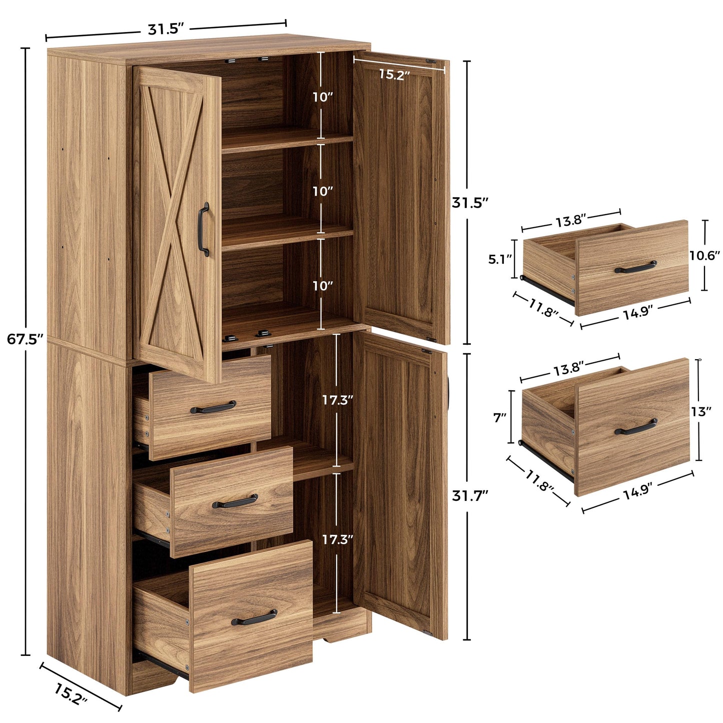 IRONCK Pantry Cabinet, 67.5 inch Tall Storage Cabinet with 3 Doors & Drawers, Farmhouse Kitchen Cabinet with Adjustable Shelves, 5 Tier Freestanding Cupboard for Kitchen, Oak Brown