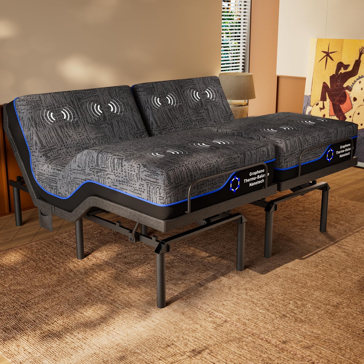 AMADA HOMEFURNISHING Split King Adjustable Bed Set, 3-Motor Adjustable Bed with Massage, Head & Foot Lift, Headrest Tilt, Zero Gravity, Anti-Snore, App & Remote Control, Easy Setup