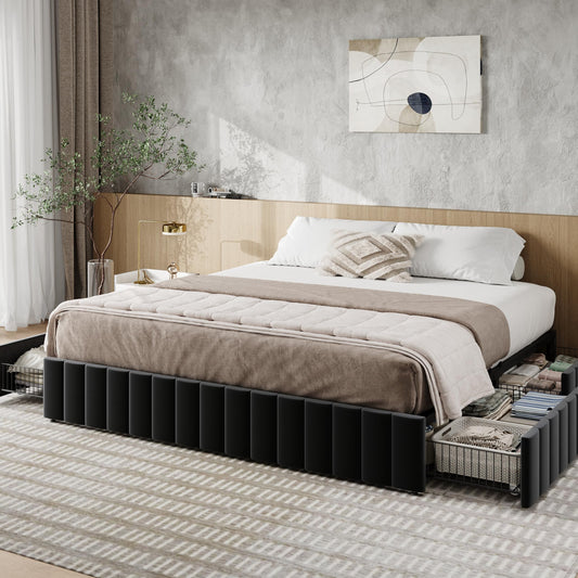 Allewie King Size Platform Bed Frame with 4 Large Storage Drawers, Velvet Vertical Channel Tufted Upholstered Bed Base, Wooden Slats Support, Noise-Free, No Box Spring Needed, Easy Assembly, Black