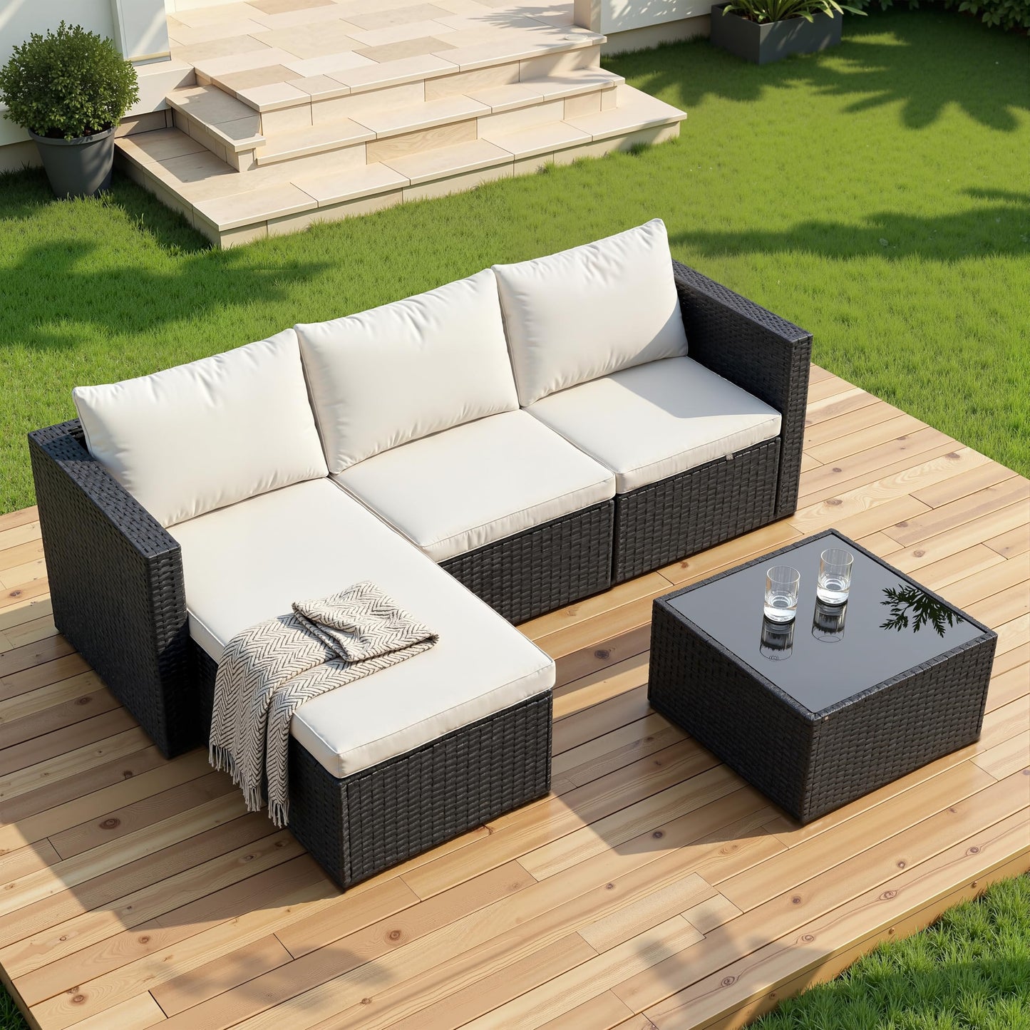 Shintenchi 4 Pieces Patio Furniture Set, 2-in-1 Convertible Sectional Sofa & Chaise Lounge, All-Weather Wicker Rattan Sofa Couch with Cushions & Coffee Table for Yard, Garden, Porch, Poolside (Beige)