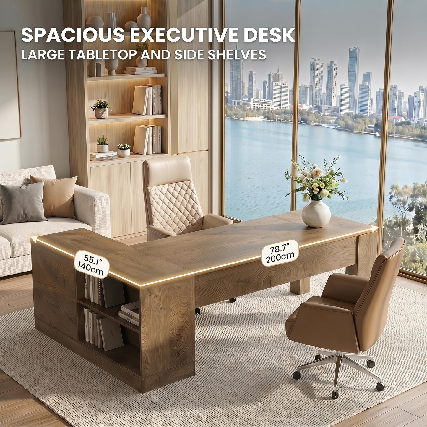 LITTLE TREE 78.7" L Shaped Office Desk with Drawers, Executive Computer Desk with Open Shelves Storage, Farmhouse Large Wooden L Desks Business Furniture, Brown