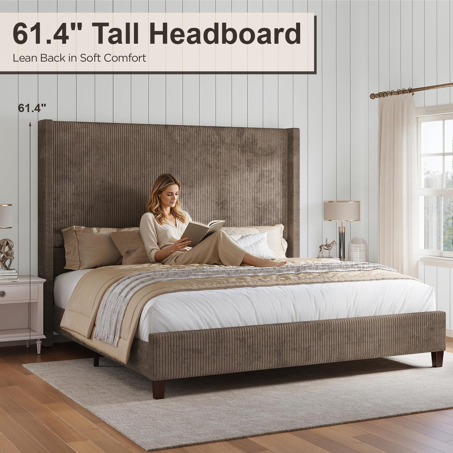 HOWE King Size Bed Frame with 61.4" Extra Tall Headboard, Corduroy Upholstered Bed with Vertical Wingback Headboard, No Box Spring Needed/Noise Free/Solid Wood Slats & Legs/Brown