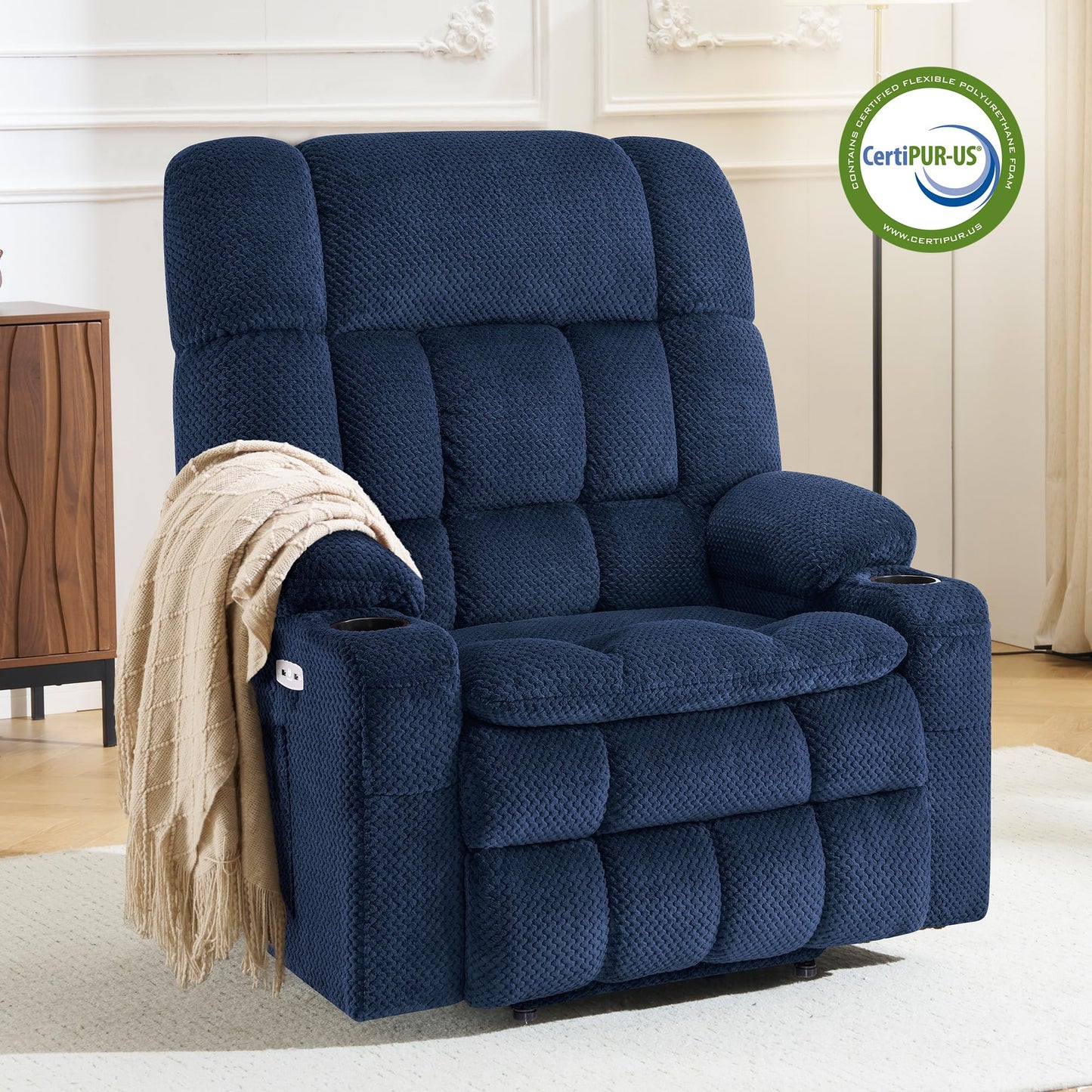 MCombo Oversized Power Lift Recliner Chair for Elderly, Dual Motor Lift Chair with Heat and Massage, Lay Flat Lift Chair for Big and Tall, Cup Holders, Fabric R7891 (Oversize, Navy Blue)