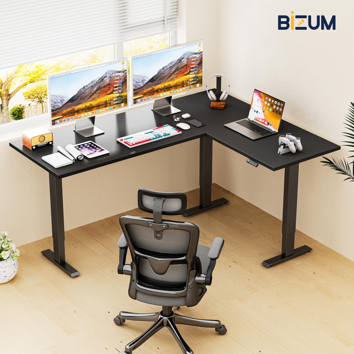 BIZUM 3 Leg Electric Standing Desk Frame,3 Motor L Shaped Standing Desk Legs up to 287 lbs,Adjustable Table Legs for Home Office,Black