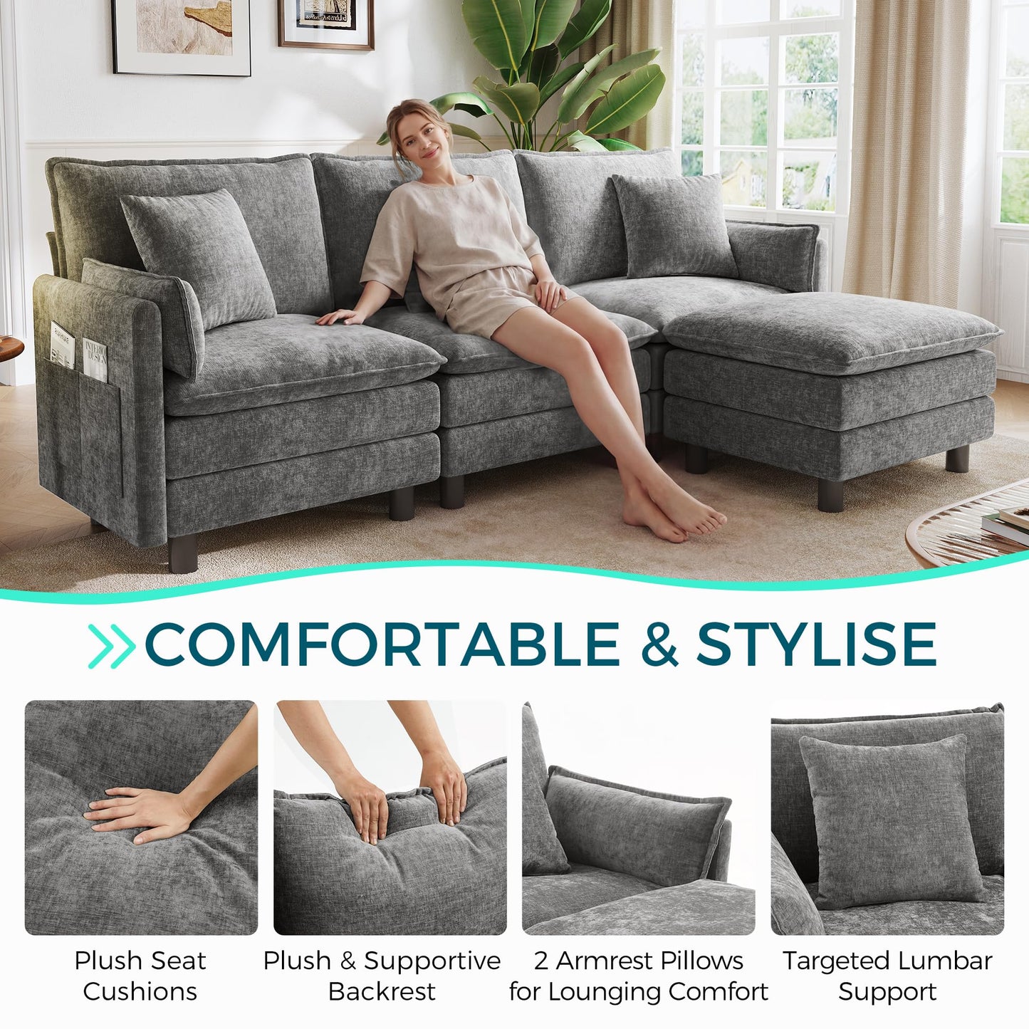 LINSY HOME 98'' Modular Sectional Sofa 3 Seat Couch Chenille Cloud Couch with Deep Seat, L Shaped Couch with 1 Movable Ottoman for Living Room, Office, Bedroom, Grey(Pillows Included)